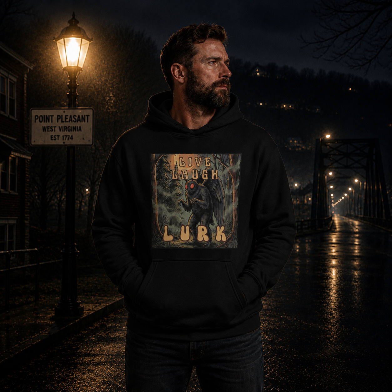 Live Laugh Lurk Mothman Hoodie | Vintage Retro Cryptid Pullover 🌕👀