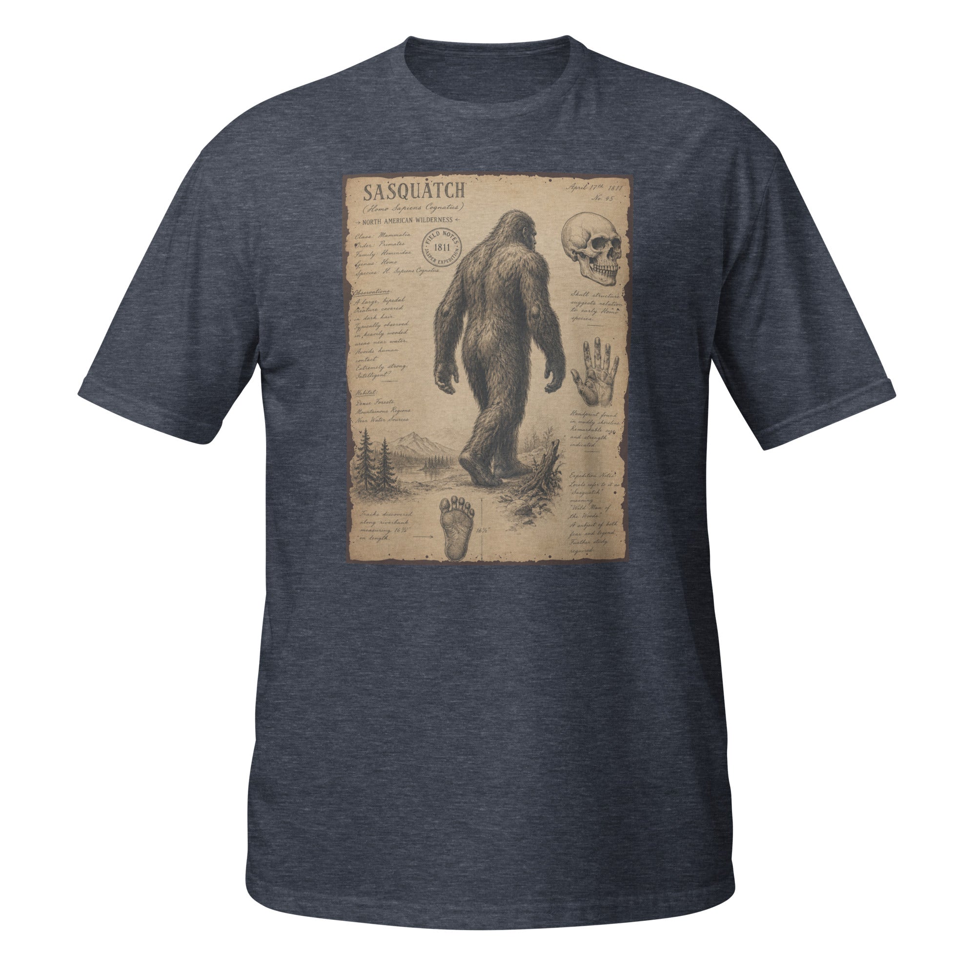 Vintage Sasquatch field notes tee inspired by 1811 cryptid sightings 👣 Retro naturalist sketch aesthetic with distressed antique explorer vibes 🌲