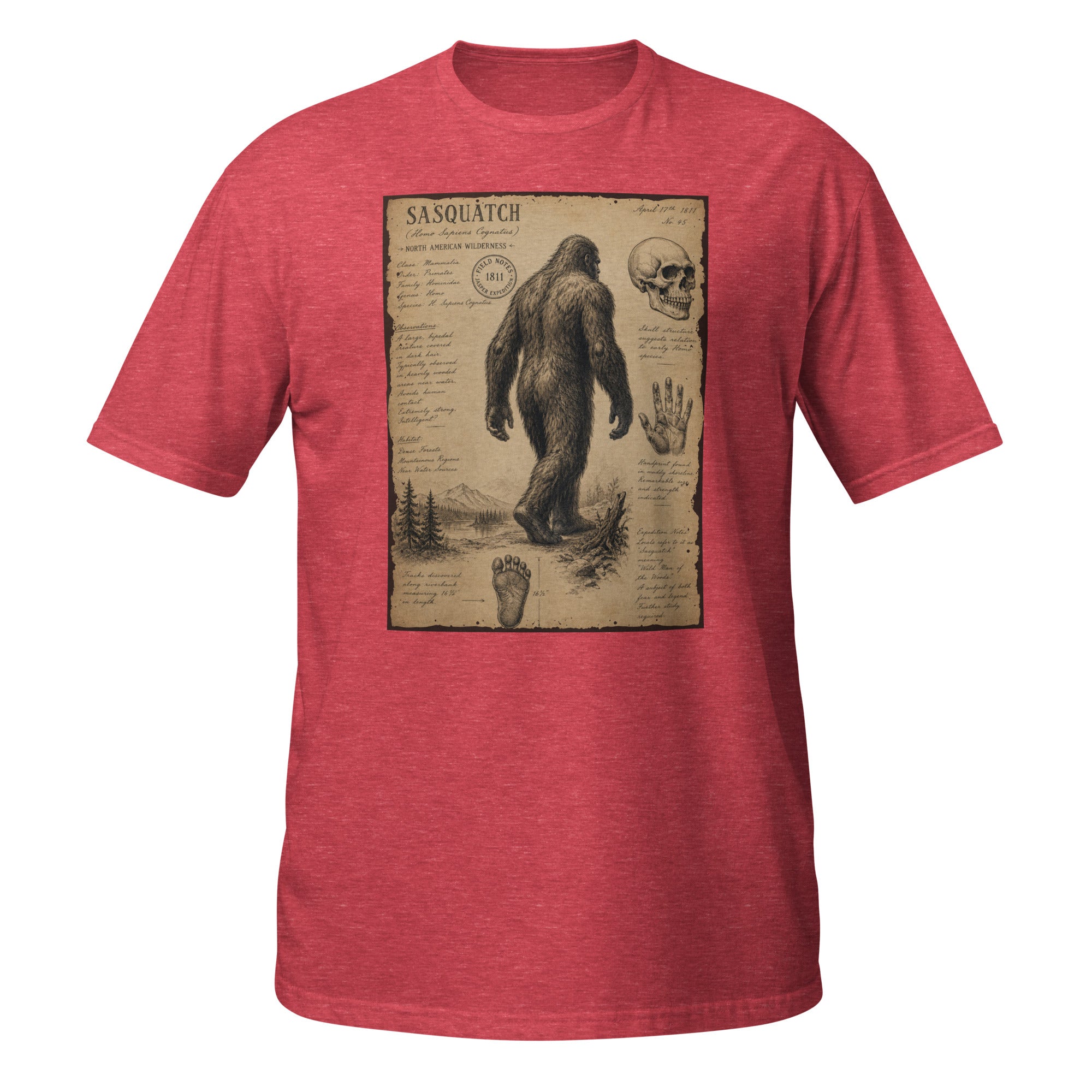 Vintage Sasquatch field notes tee inspired by 1811 cryptid sightings 👣 Retro naturalist sketch aesthetic with distressed antique explorer vibes 🌲