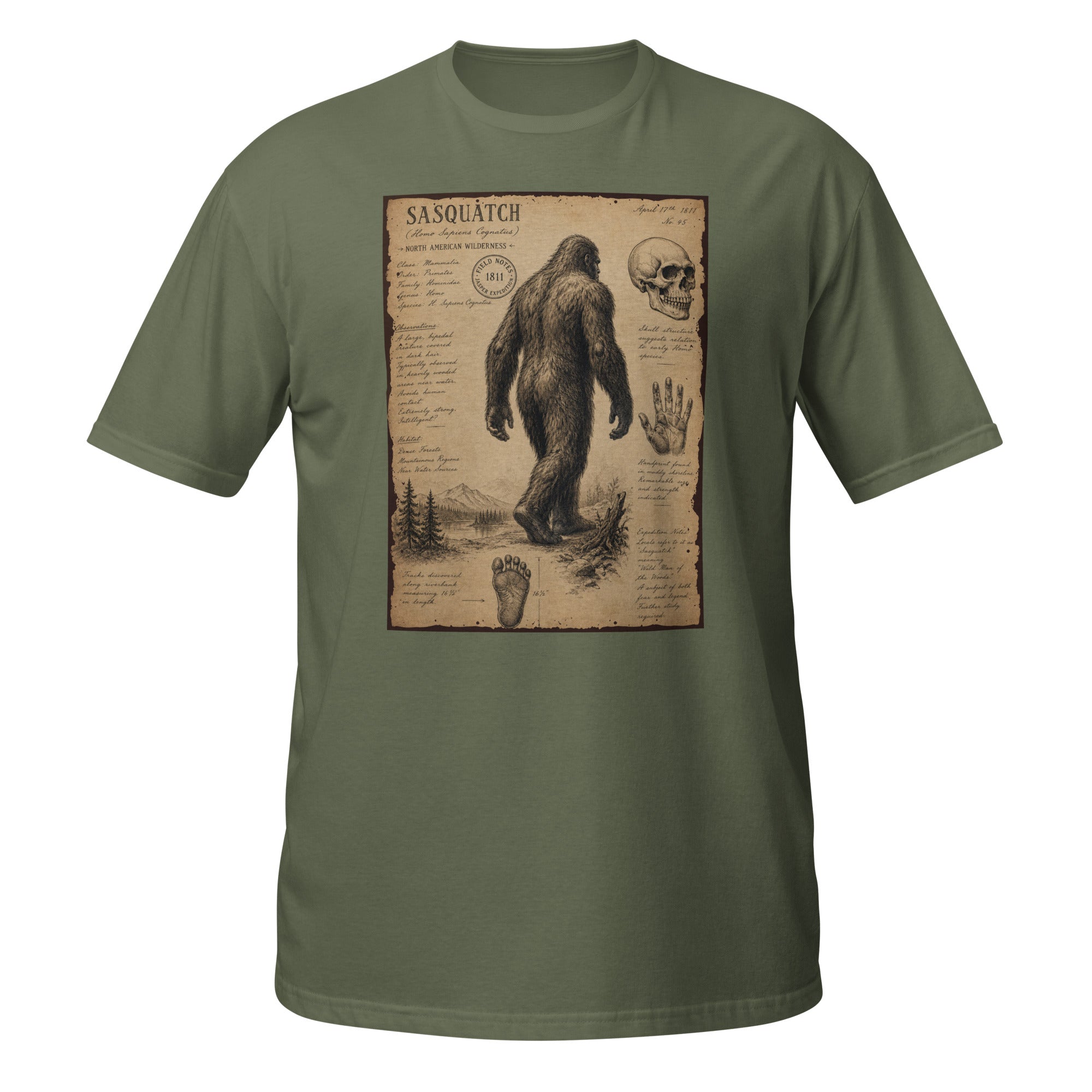 Vintage Sasquatch field notes tee inspired by 1811 cryptid sightings 👣 Retro naturalist sketch aesthetic with distressed antique explorer vibes 🌲