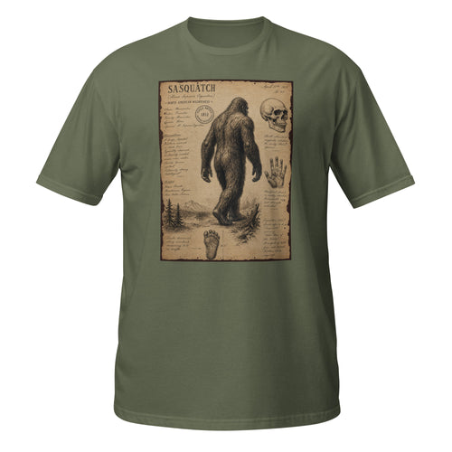 Vintage Sasquatch field notes tee inspired by 1811 cryptid sightings 👣 Retro naturalist sketch aesthetic with distressed antique explorer vibes 🌲