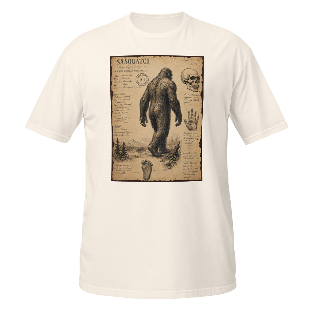 Vintage Sasquatch field notes tee inspired by 1811 cryptid sightings 👣 Retro naturalist sketch aesthetic with distressed antique explorer vibes 🌲