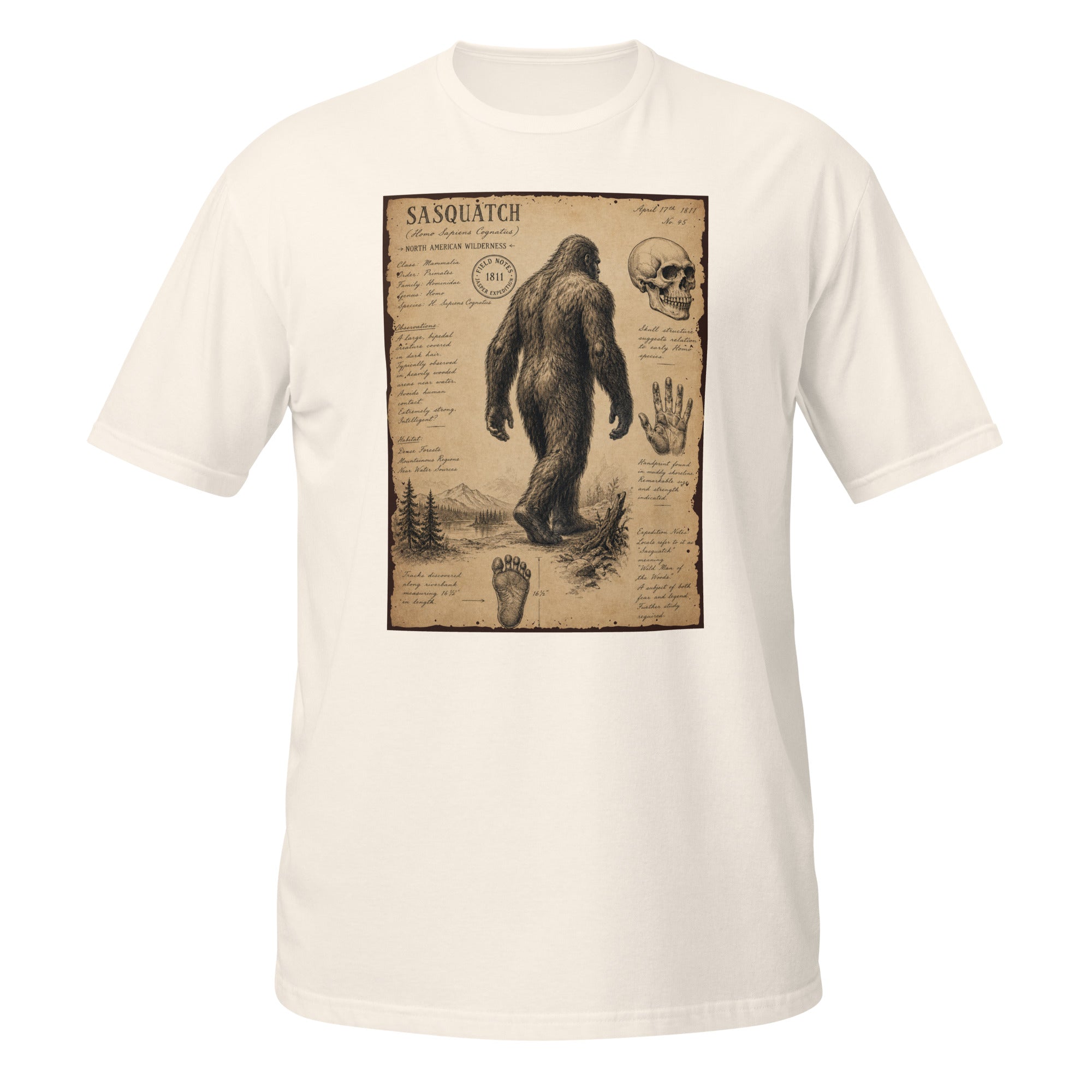 Vintage Sasquatch field notes tee inspired by 1811 cryptid sightings 👣 Retro naturalist sketch aesthetic with distressed antique explorer vibes 🌲