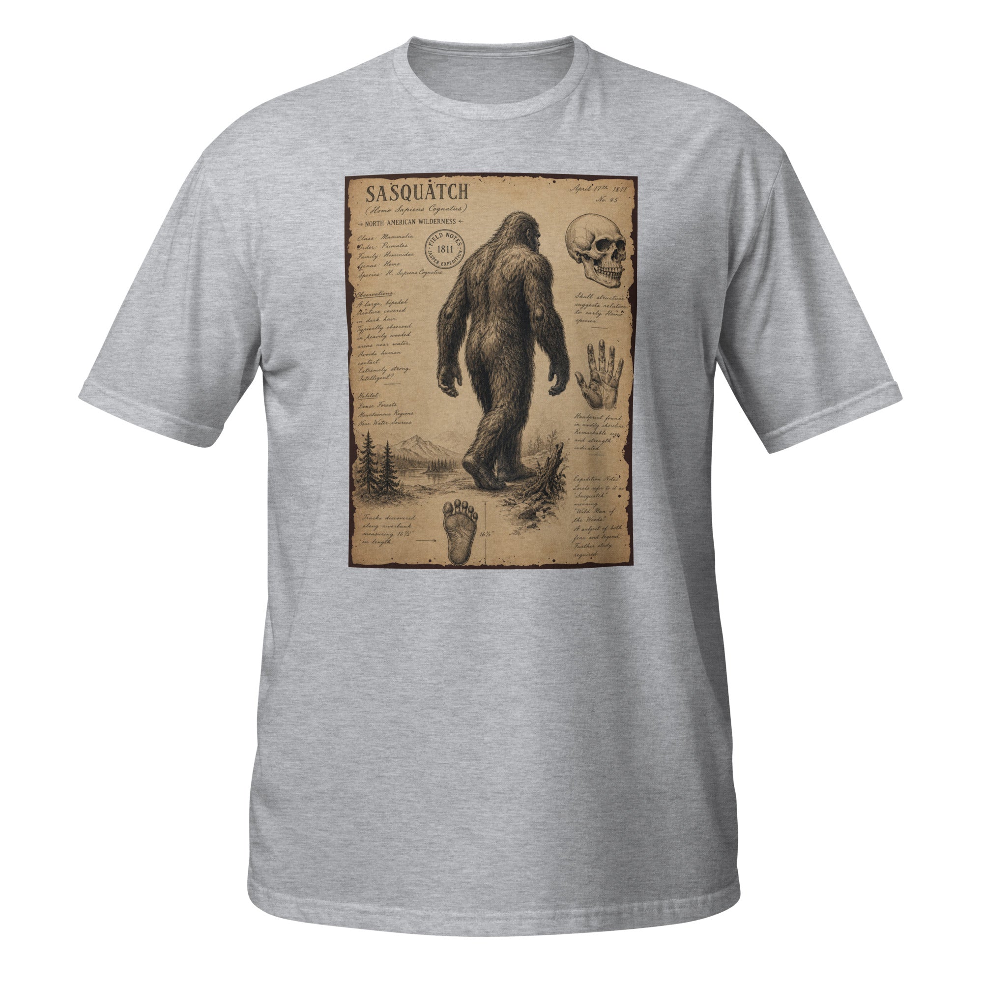 Vintage Sasquatch field notes tee inspired by 1811 cryptid sightings 👣 Retro naturalist sketch aesthetic with distressed antique explorer vibes 🌲