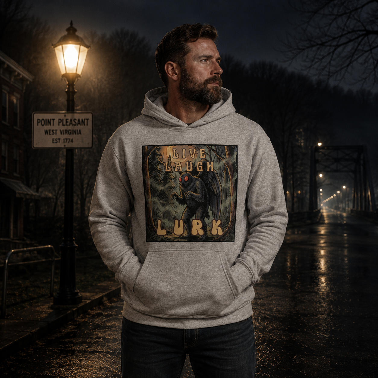 Live Laugh Lurk Mothman Hoodie | Vintage Retro Cryptid Pullover 🌕👀