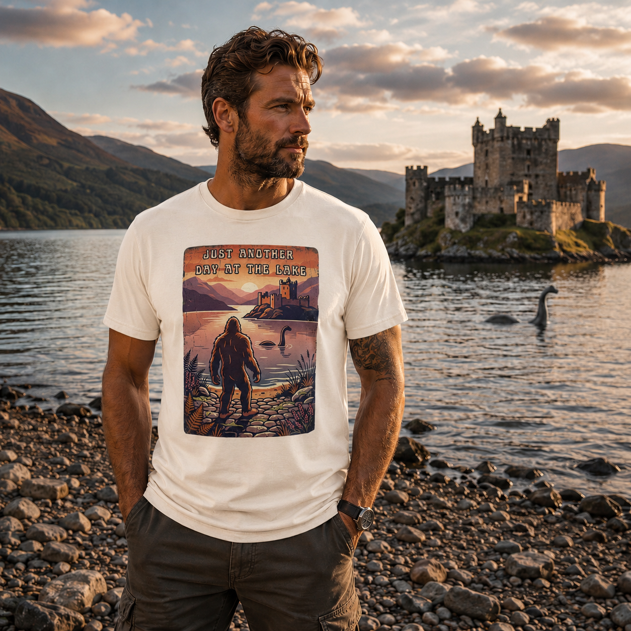 Just Another Day at the Lake Tee | Bigfoot & Loch Ness Vintage Graphic Shirt 🐉👣