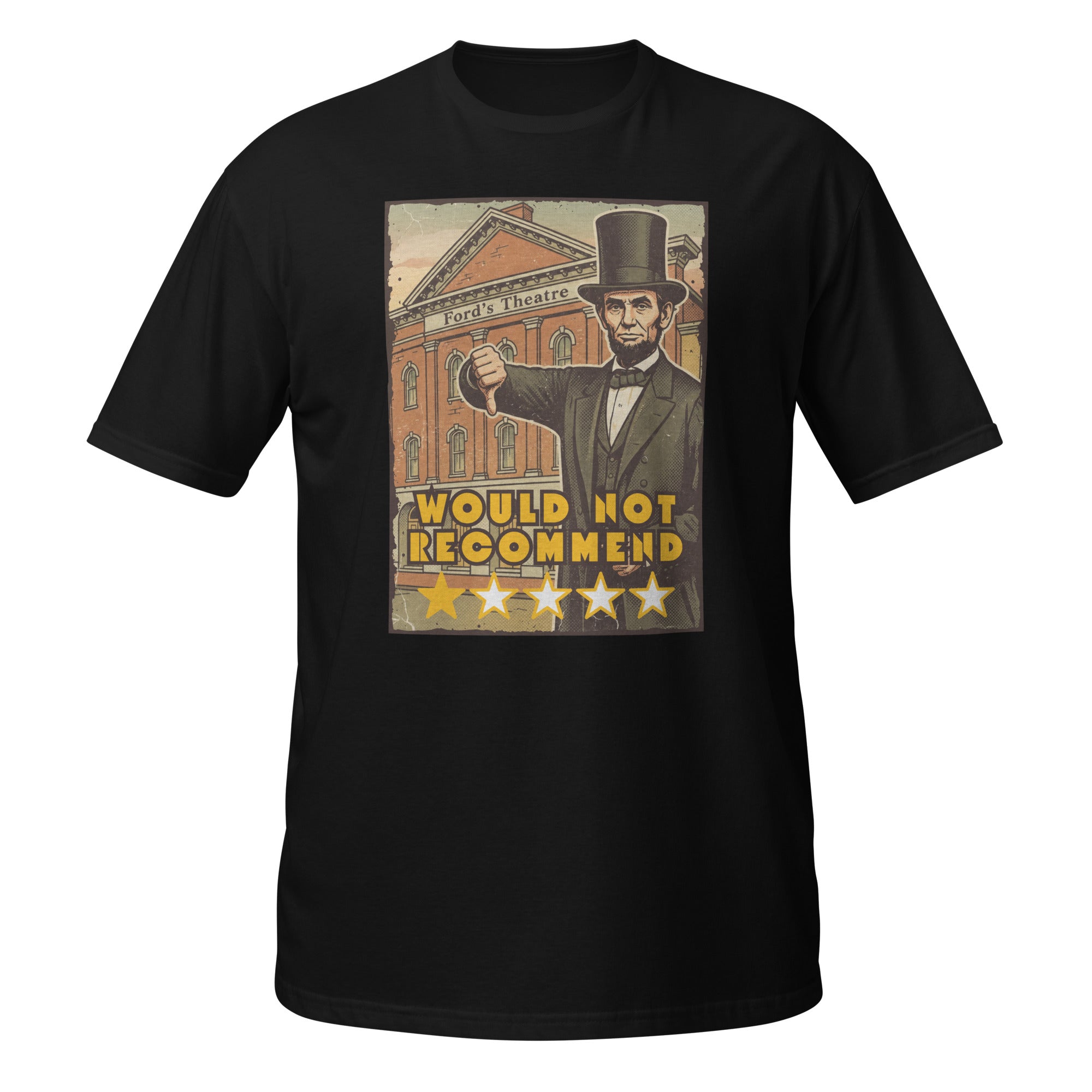 Vintage Abraham Lincoln Ford’s Theatre t-shirt with dark humor, retro 70s style, and a legendary 1-star historical review. 🎭⭐