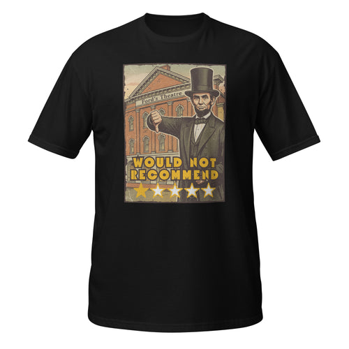 Vintage Abraham Lincoln Ford’s Theatre t-shirt with dark humor, retro 70s style, and a legendary 1-star historical review. 🎭⭐