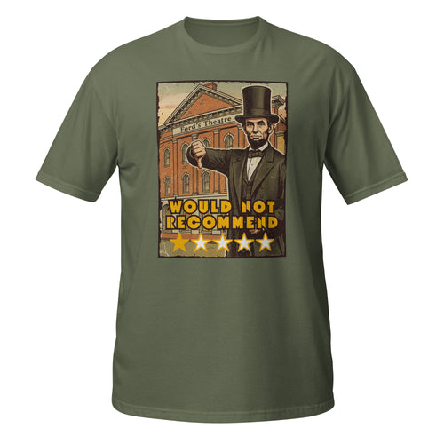 Vintage Abraham Lincoln Ford’s Theatre t-shirt with dark humor, retro 70s style, and a legendary 1-star historical review. 🎭⭐