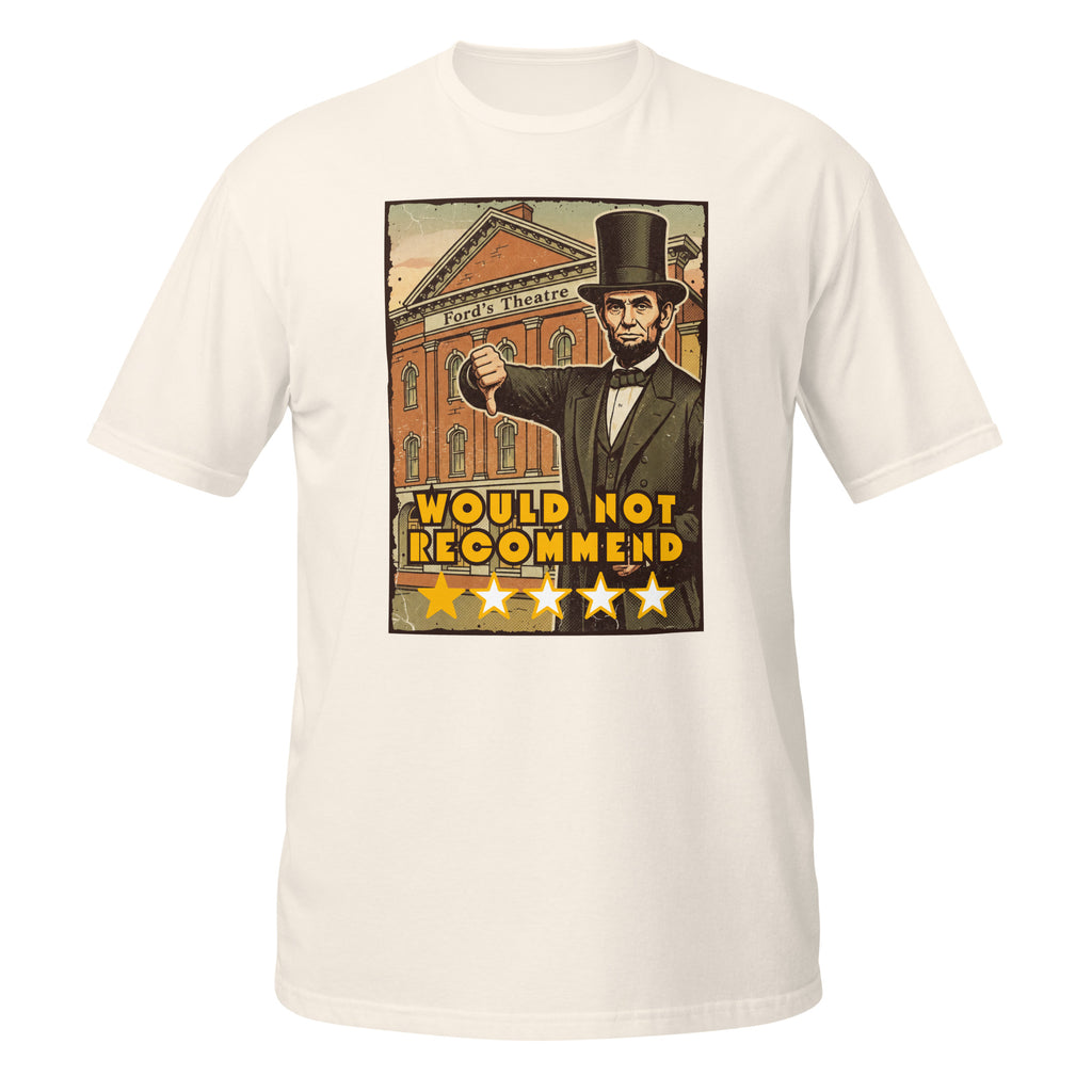 Vintage Abraham Lincoln Ford’s Theatre t-shirt with dark humor, retro 70s style, and a legendary 1-star historical review. 🎭⭐