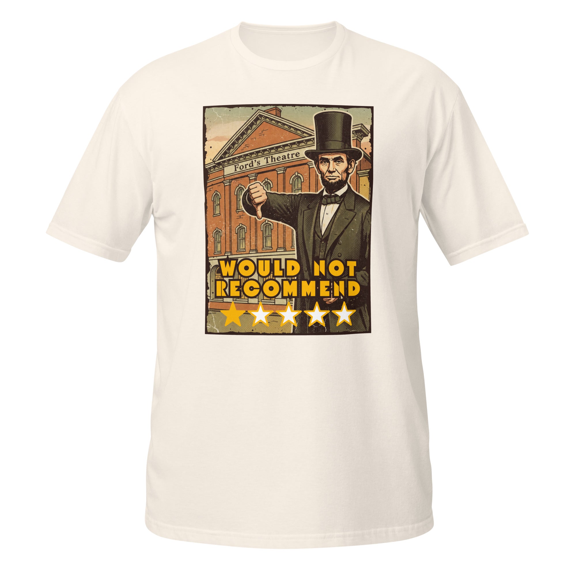 Vintage Abraham Lincoln Ford’s Theatre t-shirt with dark humor, retro 70s style, and a legendary 1-star historical review. 🎭⭐
