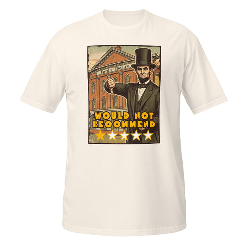 Vintage Abraham Lincoln Ford’s Theatre t-shirt with dark humor, retro 70s style, and a legendary 1-star historical review. 🎭⭐