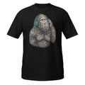 Shop the Bigfoot Headphones T-Shirt featuring a chill Sasquatch, vintage teal accents and distressed retro artwork for cryptid and music lovers.