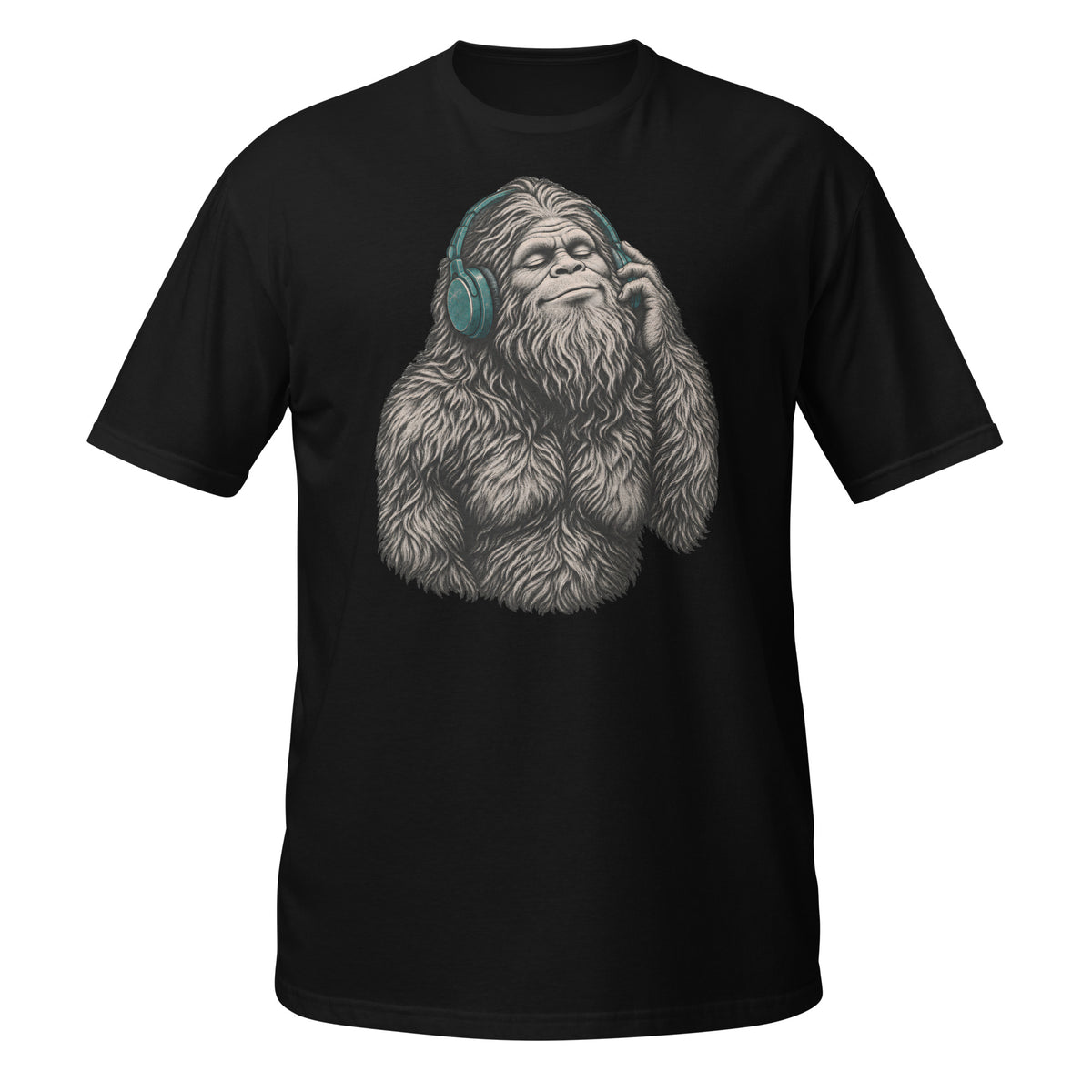 Shop the Bigfoot Headphones T-Shirt featuring a chill Sasquatch, vintage teal accents and distressed retro artwork for cryptid and music lovers.