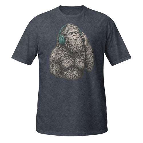 Shop the Bigfoot Headphones T-Shirt featuring a chill Sasquatch, vintage teal accents and distressed retro artwork for cryptid and music lovers.