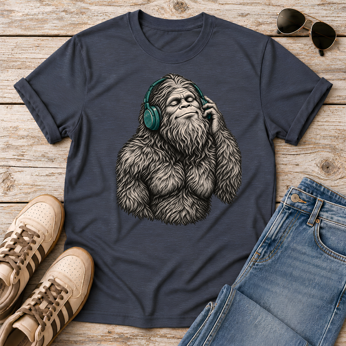 Shop the Bigfoot Headphones T-Shirt featuring a chill Sasquatch, vintage teal accents and distressed retro artwork for cryptid and music lovers.