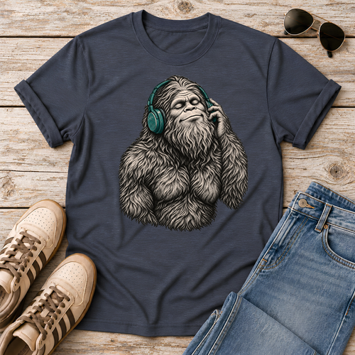 Shop the Bigfoot Headphones T-Shirt featuring a chill Sasquatch, vintage teal accents and distressed retro artwork for cryptid and music lovers.