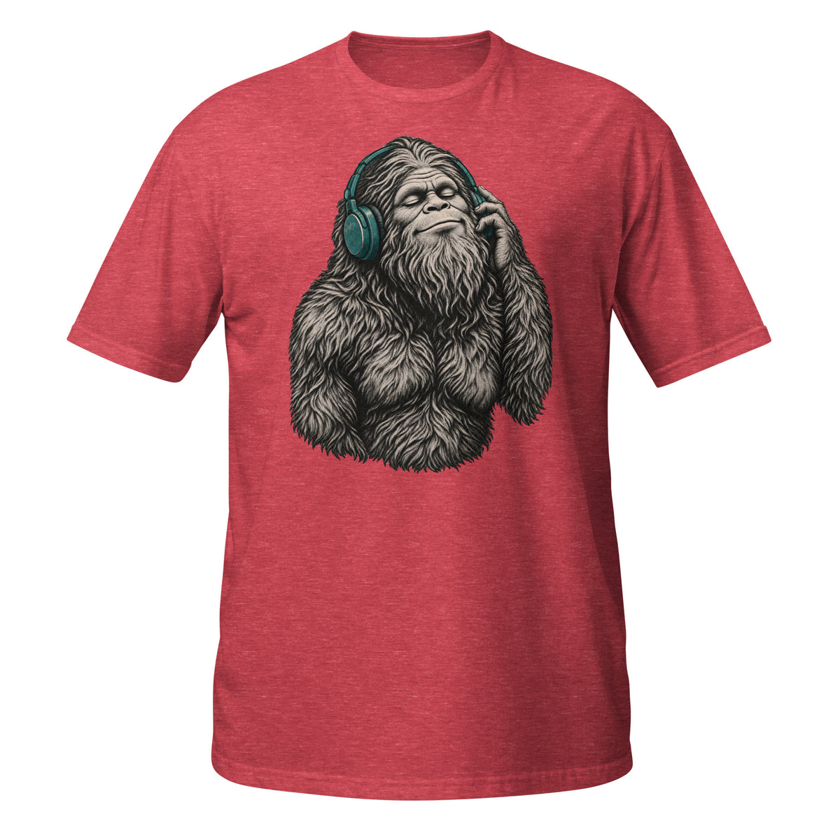 Shop the Bigfoot Headphones T-Shirt featuring a chill Sasquatch, vintage teal accents and distressed retro artwork for cryptid and music lovers.