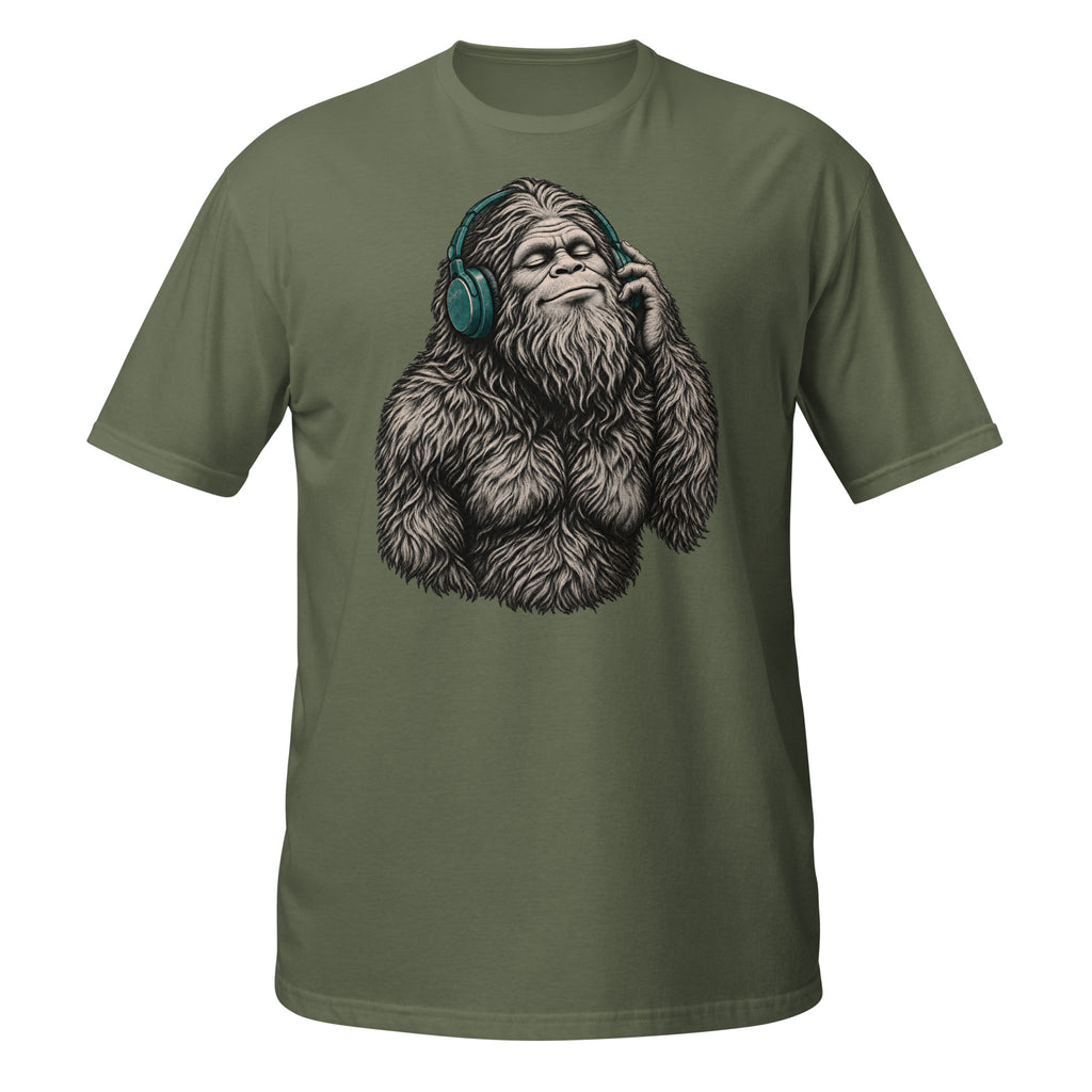 Shop the Bigfoot Headphones T-Shirt featuring a chill Sasquatch, vintage teal accents and distressed retro artwork for cryptid and music lovers.