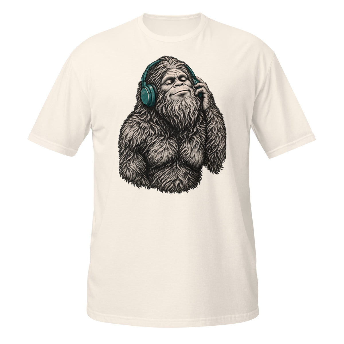 Shop the Bigfoot Headphones T-Shirt featuring a chill Sasquatch, vintage teal accents and distressed retro artwork for cryptid and music lovers.