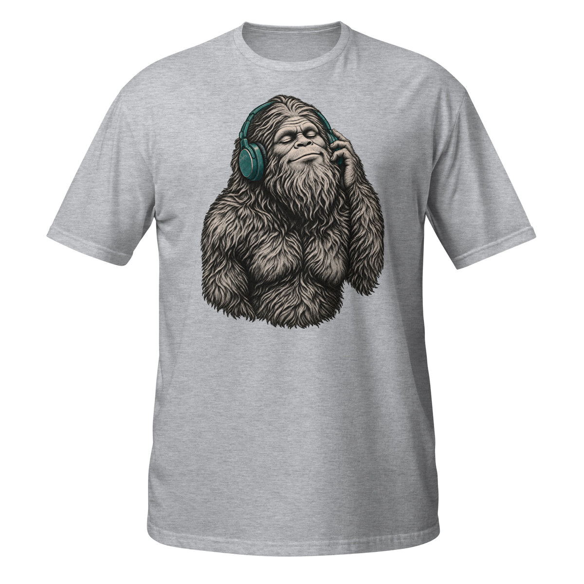 Shop the Bigfoot Headphones T-Shirt featuring a chill Sasquatch, vintage teal accents and distressed retro artwork for cryptid and music lovers.
