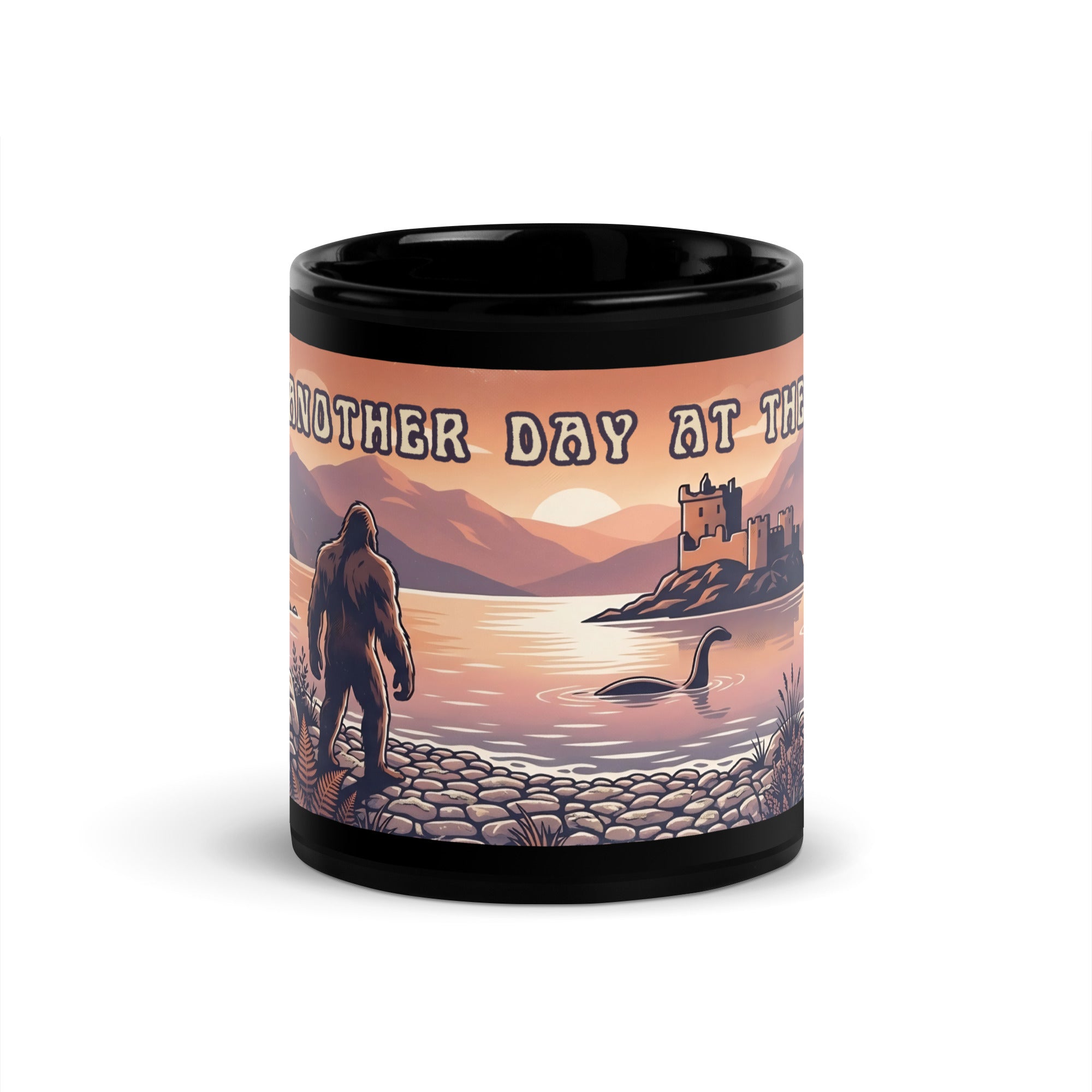 Retro Bigfoot & Loch Ness Monster mug featuring a vintage cryptid lake scene 🌲☕ Glossy ceramic coffee mug perfect for folklore and mystery fans 👣