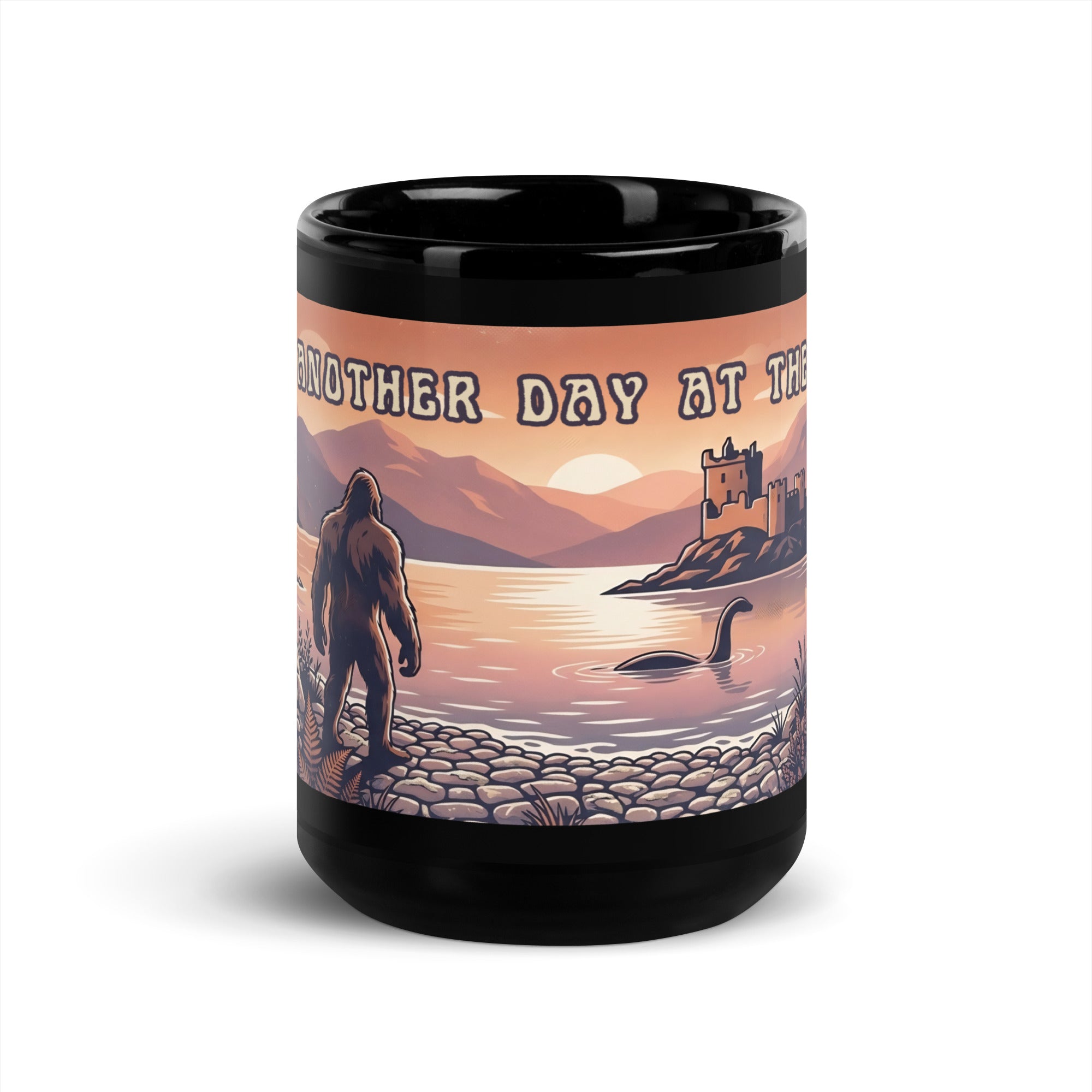 Retro Bigfoot & Loch Ness Monster mug featuring a vintage cryptid lake scene 🌲☕ Glossy ceramic coffee mug perfect for folklore and mystery fans 👣