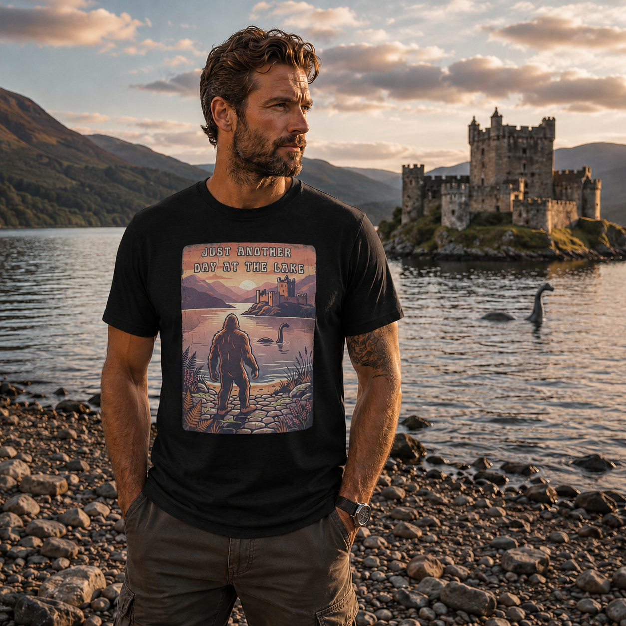 Just Another Day at the Lake Tee | Bigfoot & Loch Ness Vintage Graphic Shirt 🐉👣