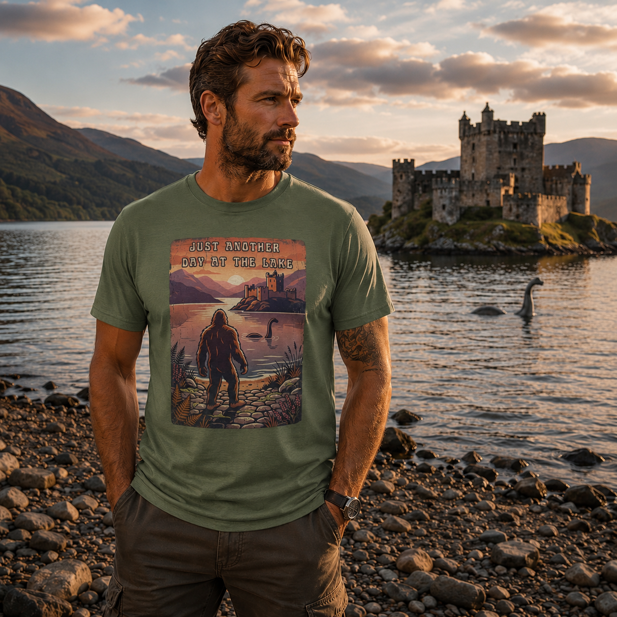 Just Another Day at the Lake Tee | Bigfoot & Loch Ness Vintage Graphic Shirt 🐉👣