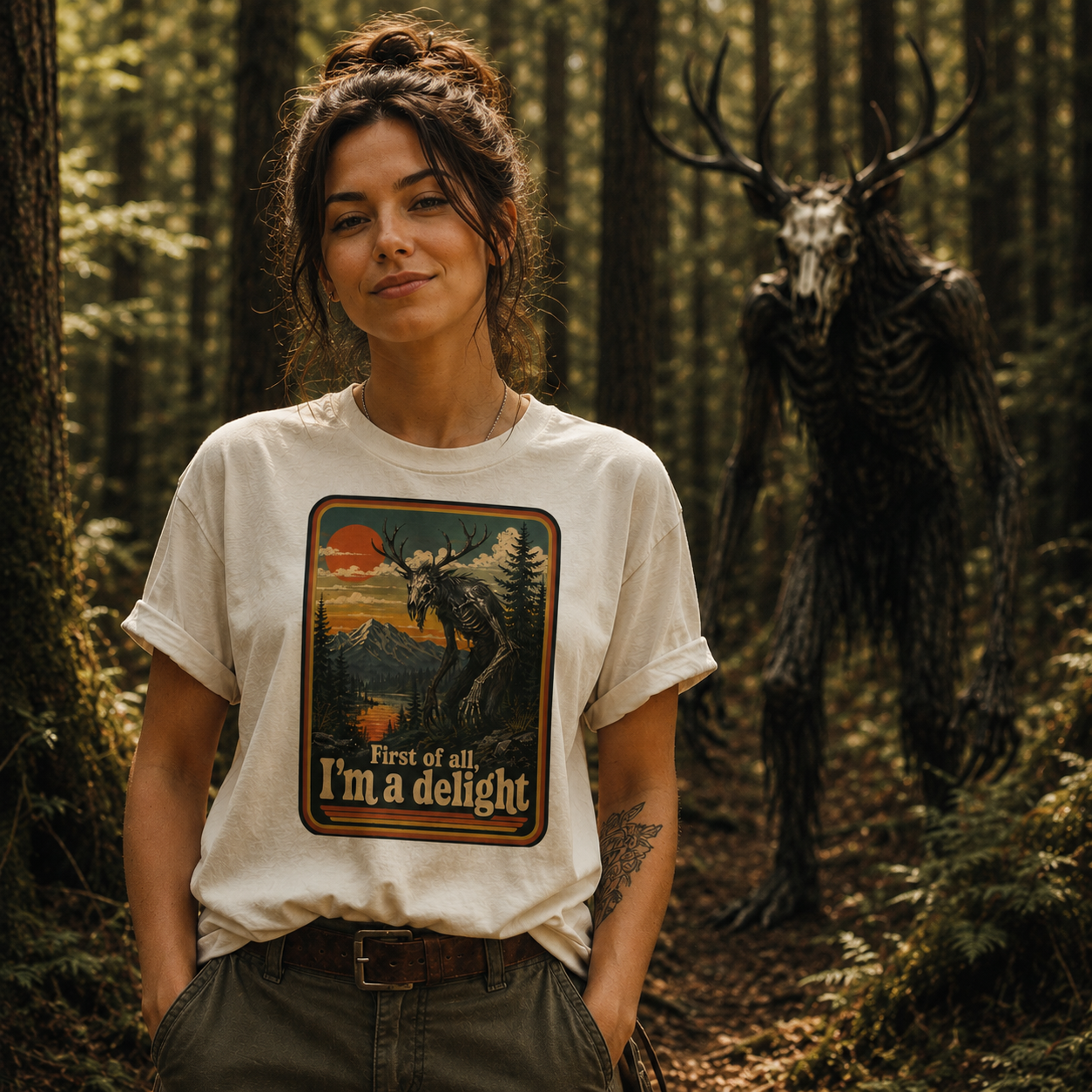 First of All, I’m a Delight T-Shirt | Funny Vintage Wendigo Cryptid Tee 👹🌲