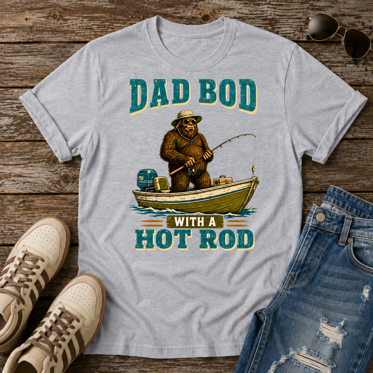 Bigfoot Dad Bod Fishing T-Shirt