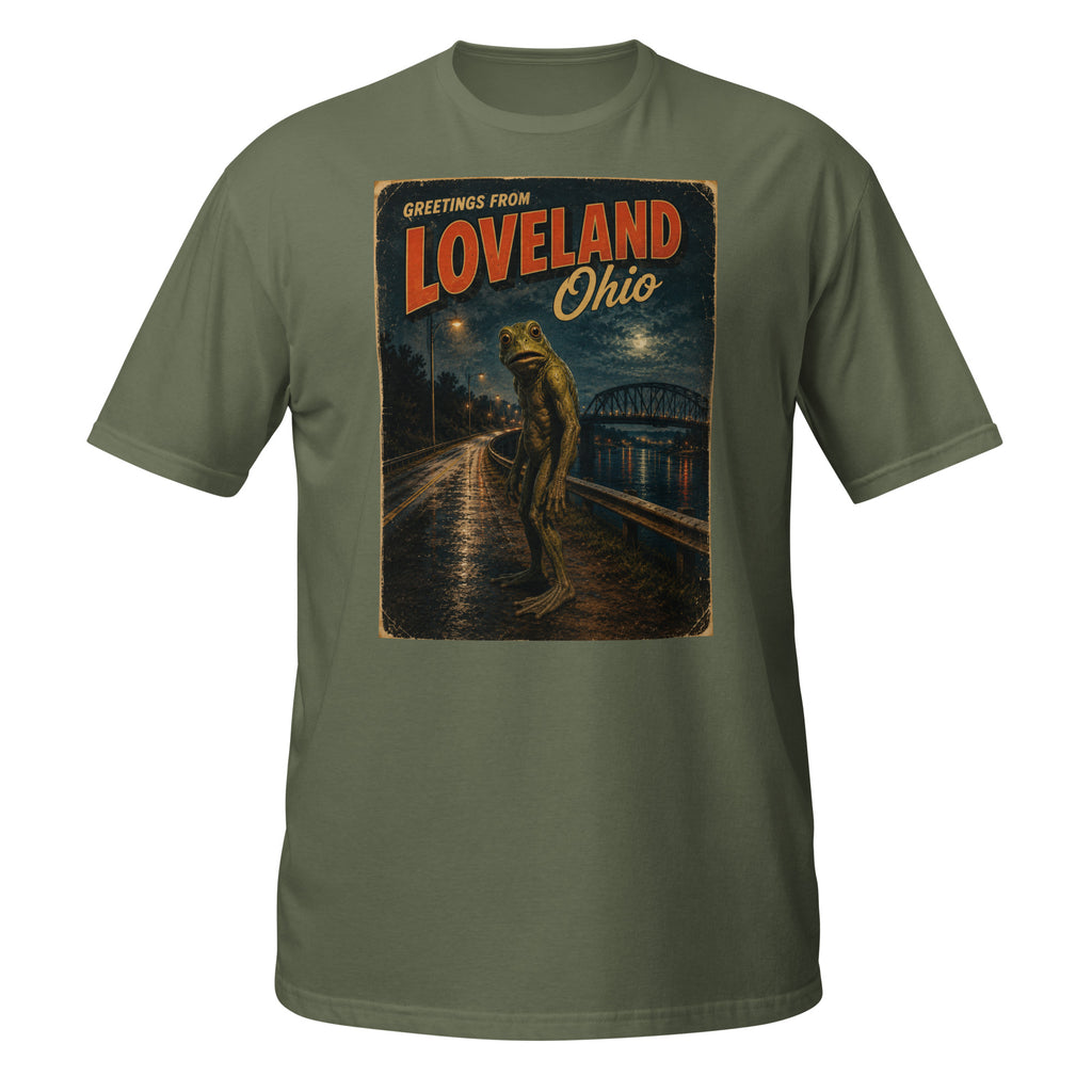Celebrate Ohio's legendary Loveland Frogman with this vintage 1970s-inspired cryptid T-shirt. Soft, retro, funny, and perfect for folklore and mystery fans 🐸👀