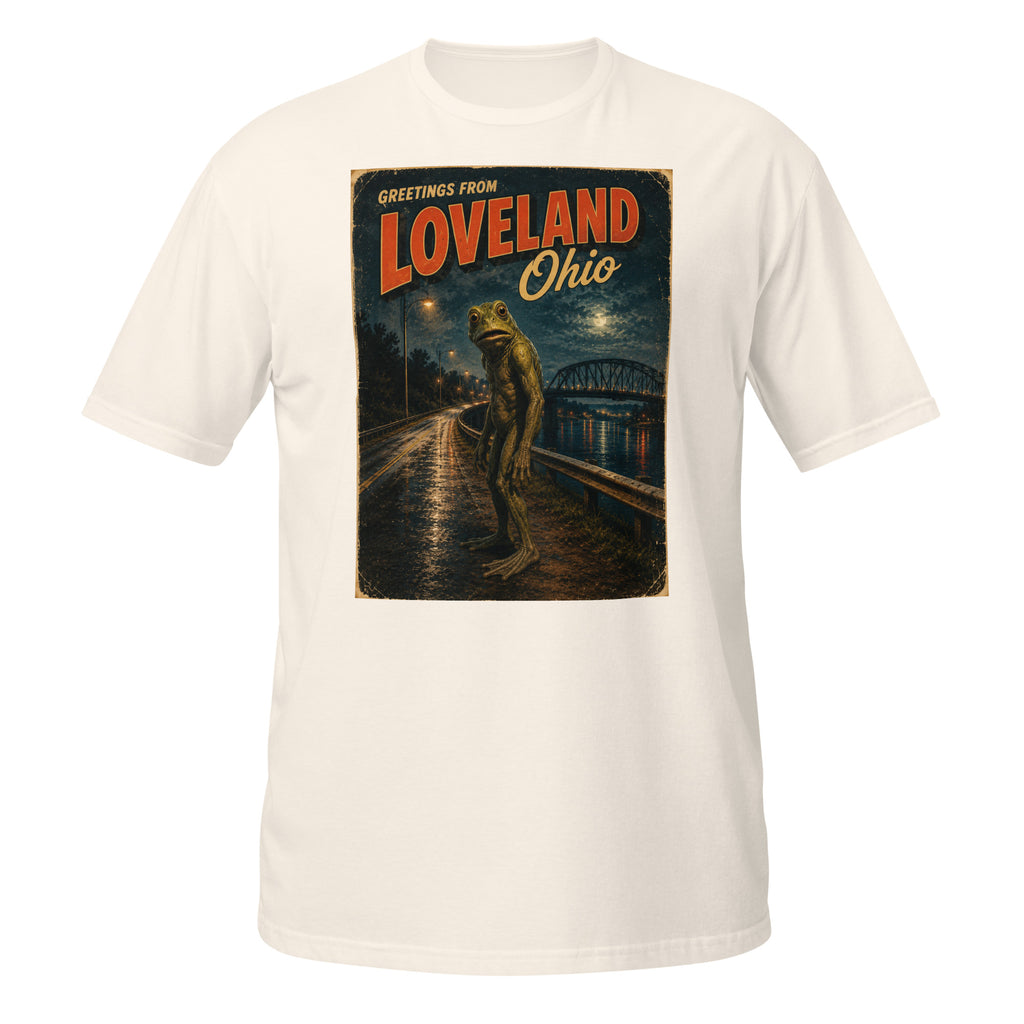 Celebrate Ohio's legendary Loveland Frogman with this vintage 1970s-inspired cryptid T-shirt. Soft, retro, funny, and perfect for folklore and mystery fans 🐸👀