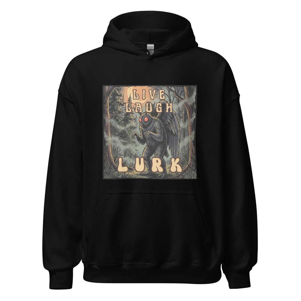 Vintage-inspired Mothman hoodie with retro 70s horror vibes, glowing red eyes, and spooky forest artwork. Cozy cryptid apparel for folklore and paranormal fans. 🌕👀