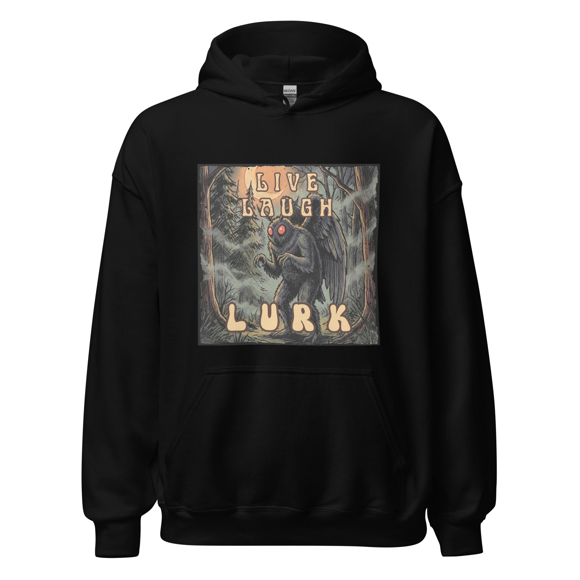 Vintage-inspired Mothman hoodie with retro 70s horror vibes, glowing red eyes, and spooky forest artwork. Cozy cryptid apparel for folklore and paranormal fans. 🌕👀