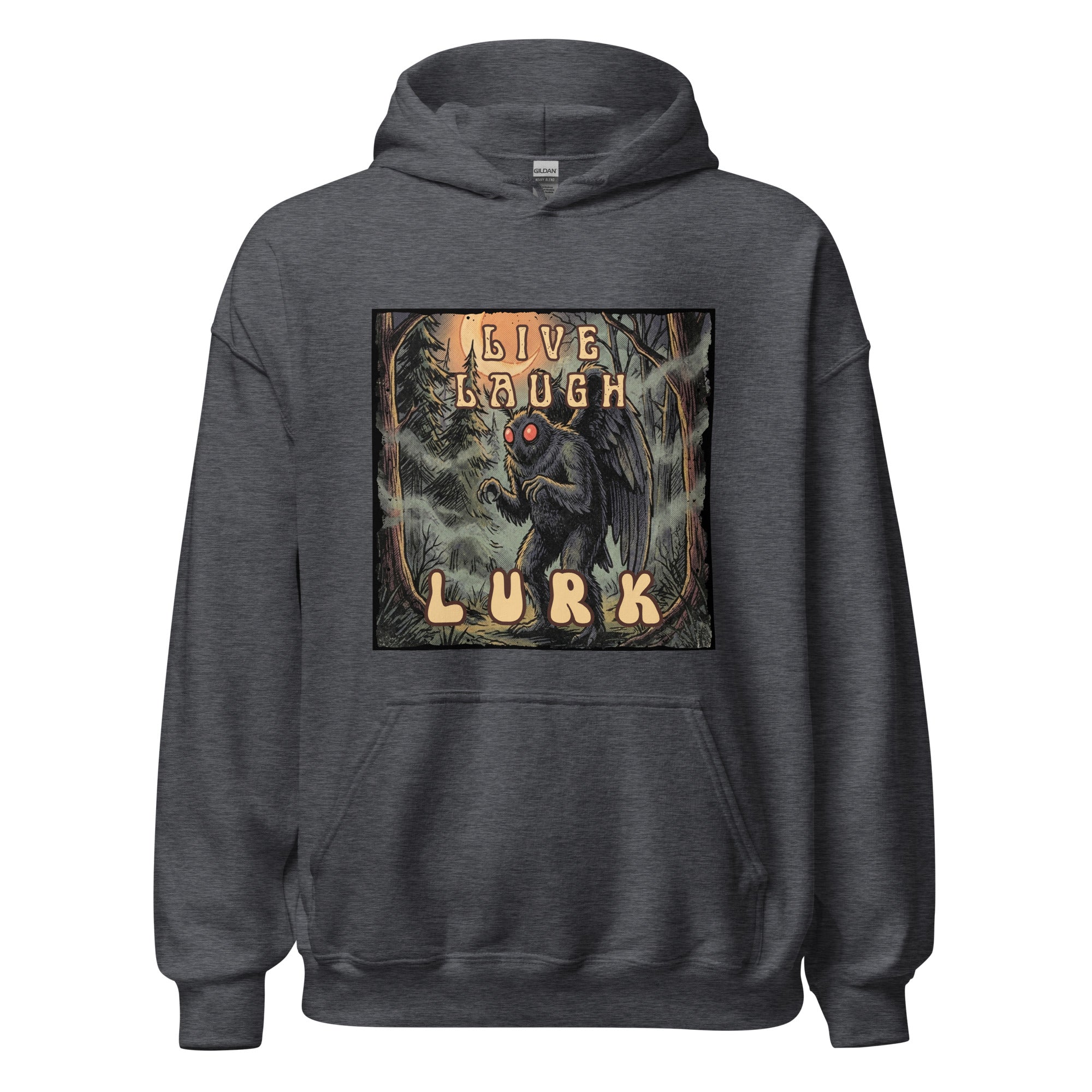 Vintage-inspired Mothman hoodie with retro 70s horror vibes, glowing red eyes, and spooky forest artwork. Cozy cryptid apparel for folklore and paranormal fans. 🌕👀