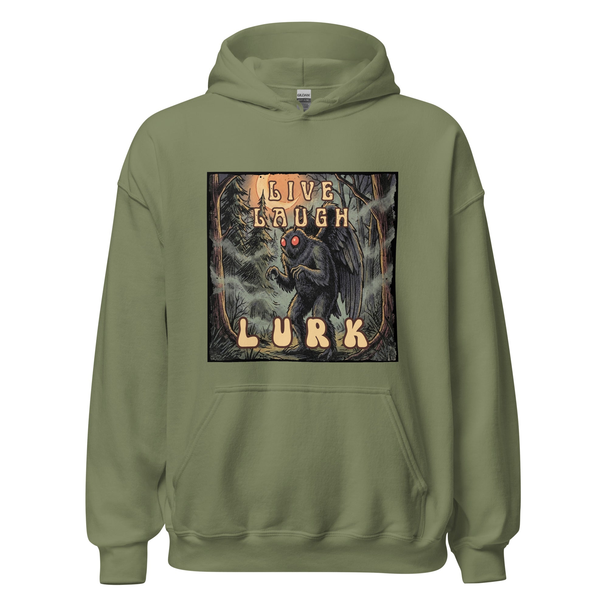 Vintage-inspired Mothman hoodie with retro 70s horror vibes, glowing red eyes, and spooky forest artwork. Cozy cryptid apparel for folklore and paranormal fans. 🌕👀