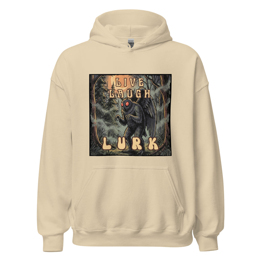 Vintage-inspired Mothman hoodie with retro 70s horror vibes, glowing red eyes, and spooky forest artwork. Cozy cryptid apparel for folklore and paranormal fans. 🌕👀