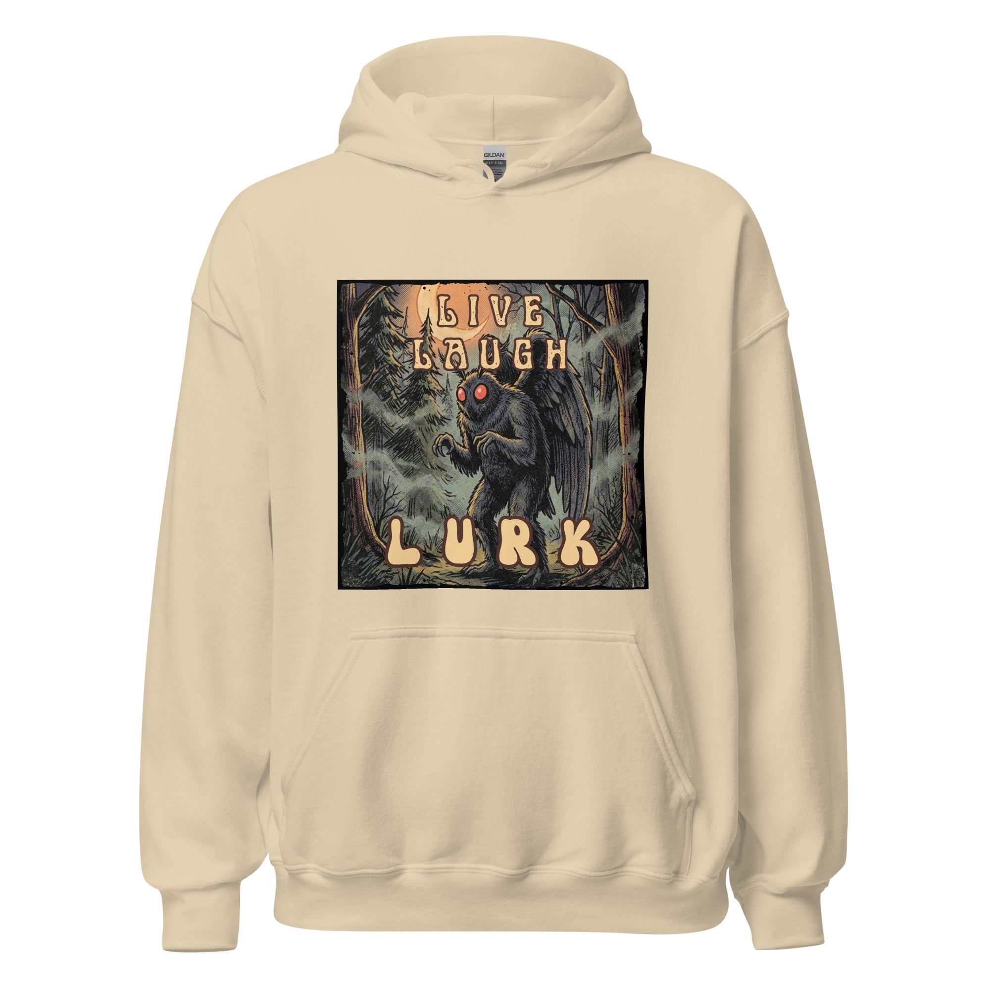 Vintage-inspired Mothman hoodie with retro 70s horror vibes, glowing red eyes, and spooky forest artwork. Cozy cryptid apparel for folklore and paranormal fans. 🌕👀