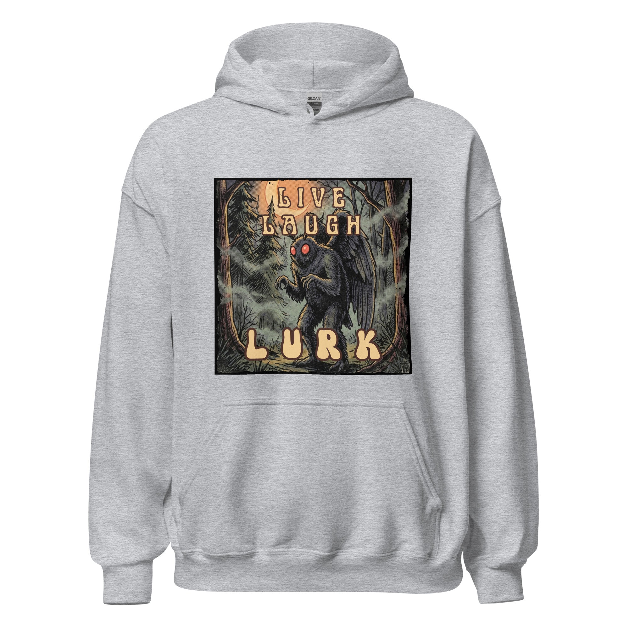 Vintage-inspired Mothman hoodie with retro 70s horror vibes, glowing red eyes, and spooky forest artwork. Cozy cryptid apparel for folklore and paranormal fans. 🌕👀