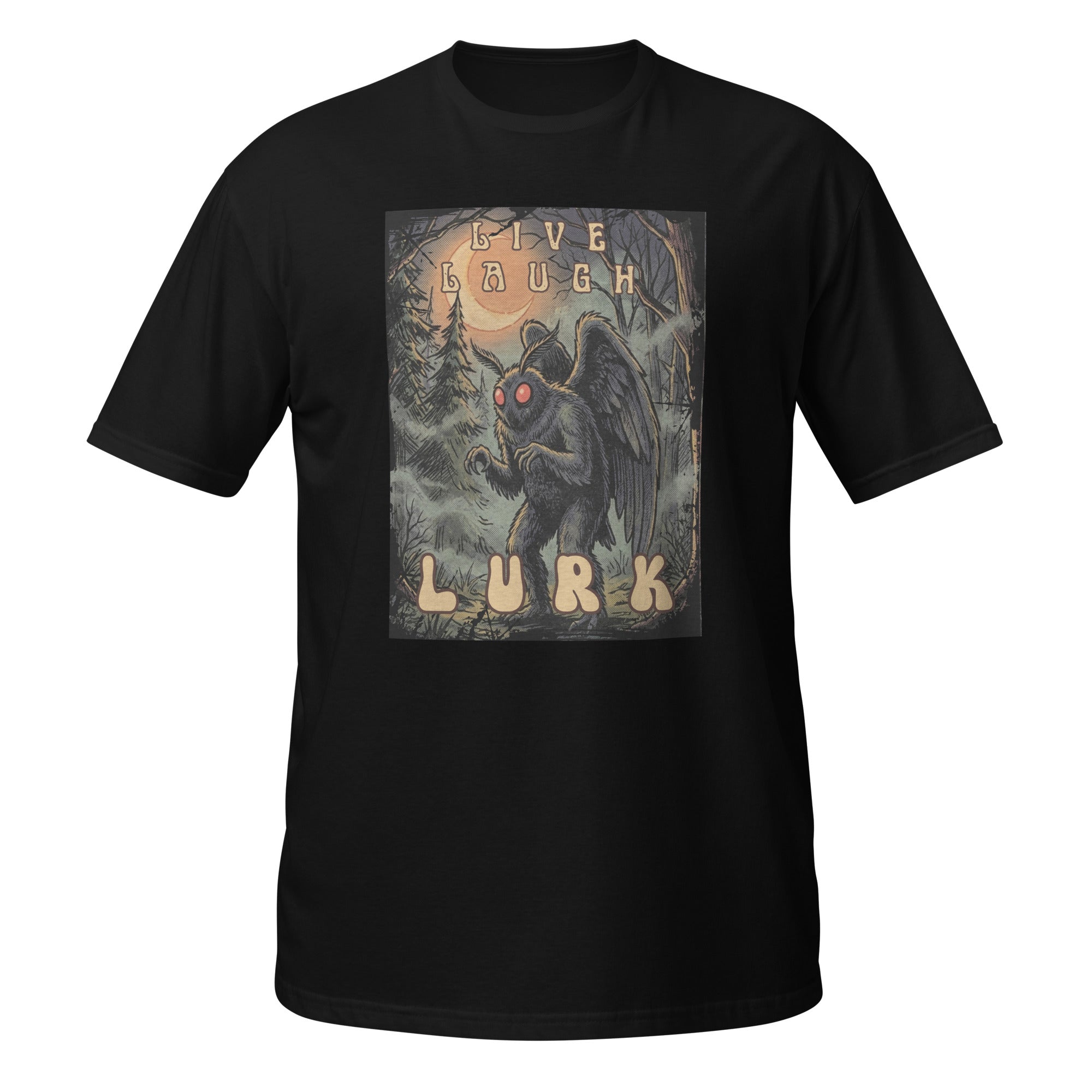 Vintage-inspired Mothman t-shirt with retro 1970s horror vibes, glowing red eyes, and creepy forest artwork. Perfect for cryptid lovers, folklore fans, and spooky season all year long. 🌕👀