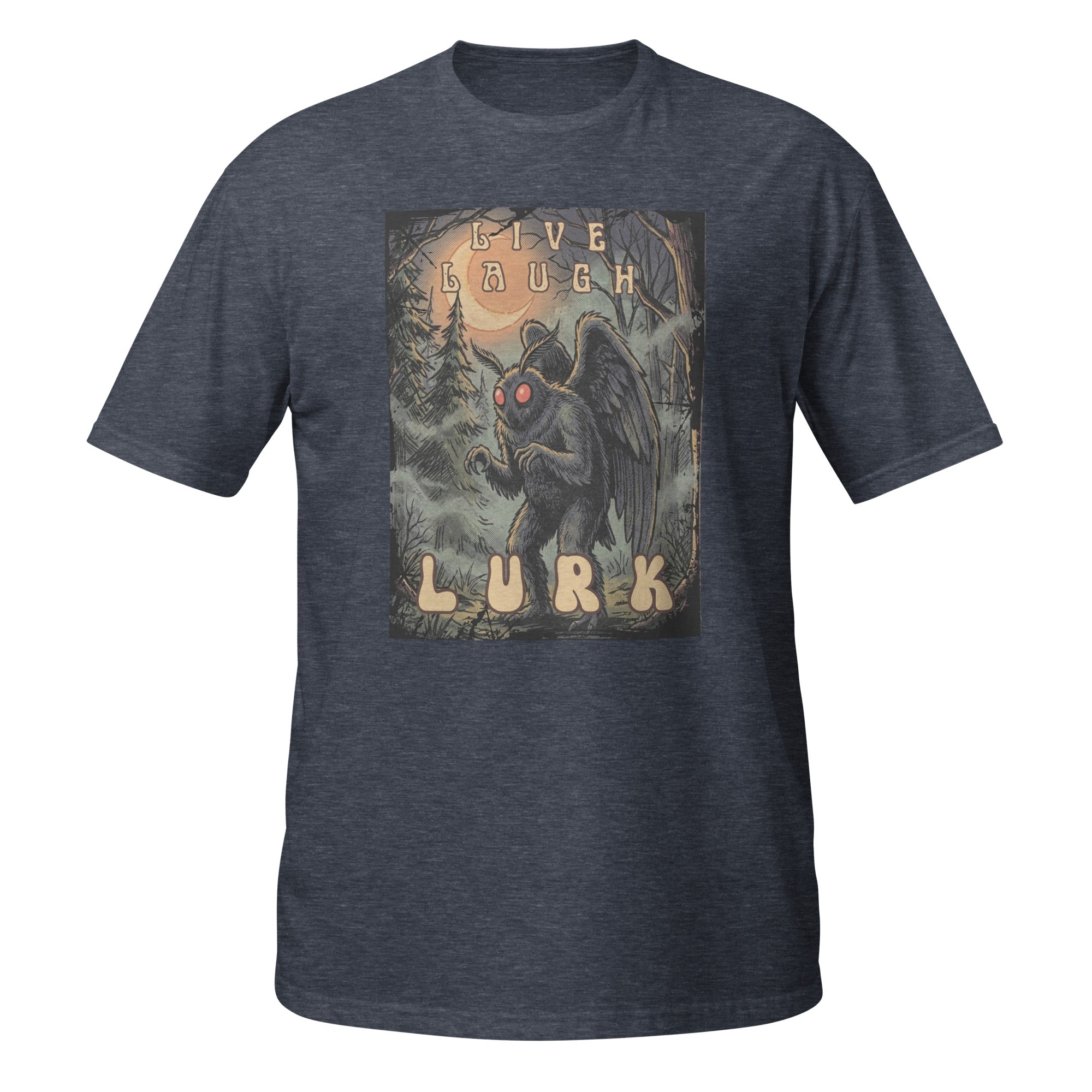 Vintage-inspired Mothman t-shirt with retro 1970s horror vibes, glowing red eyes, and creepy forest artwork. Perfect for cryptid lovers, folklore fans, and spooky season all year long. 🌕👀