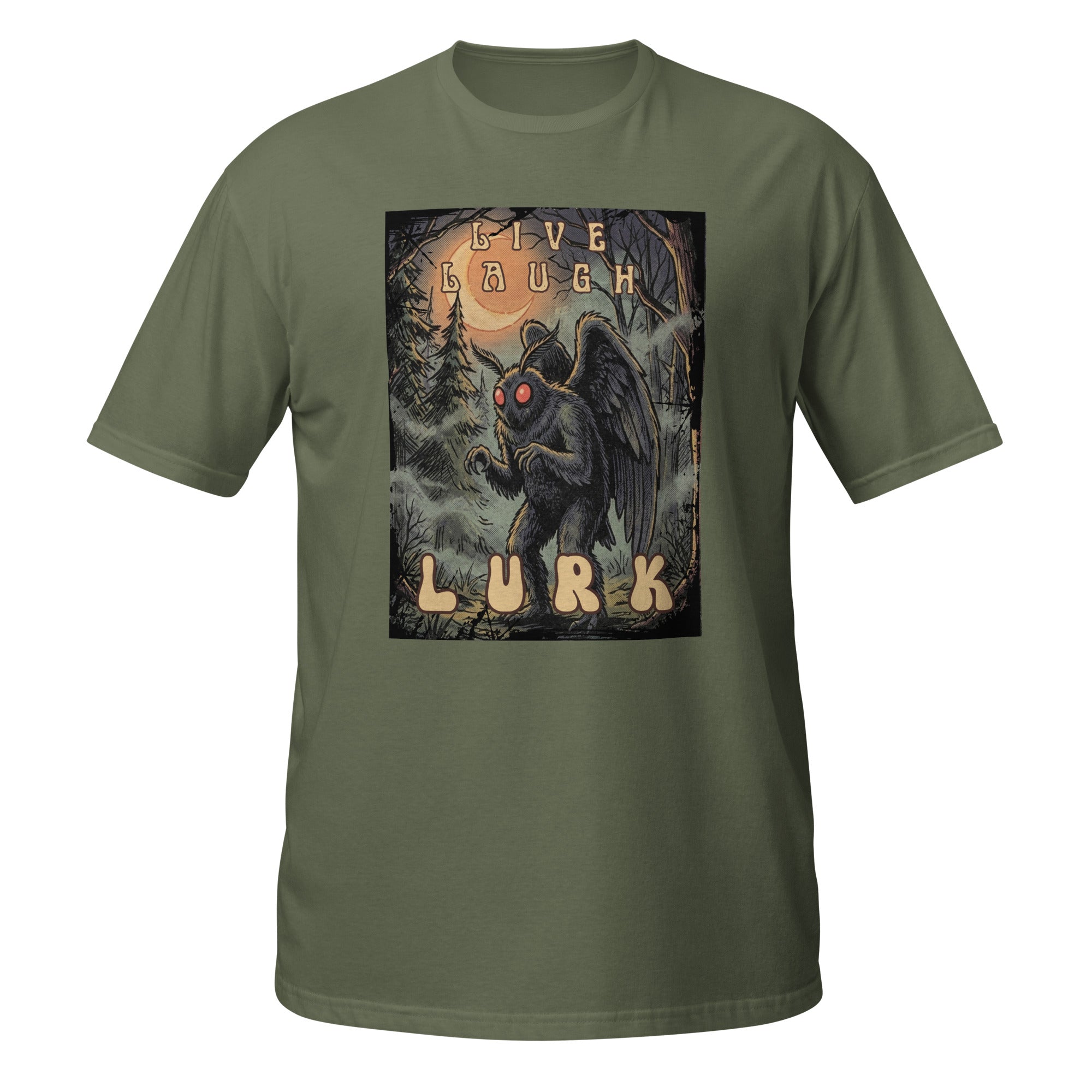 Vintage-inspired Mothman t-shirt with retro 1970s horror vibes, glowing red eyes, and creepy forest artwork. Perfect for cryptid lovers, folklore fans, and spooky season all year long. 🌕👀