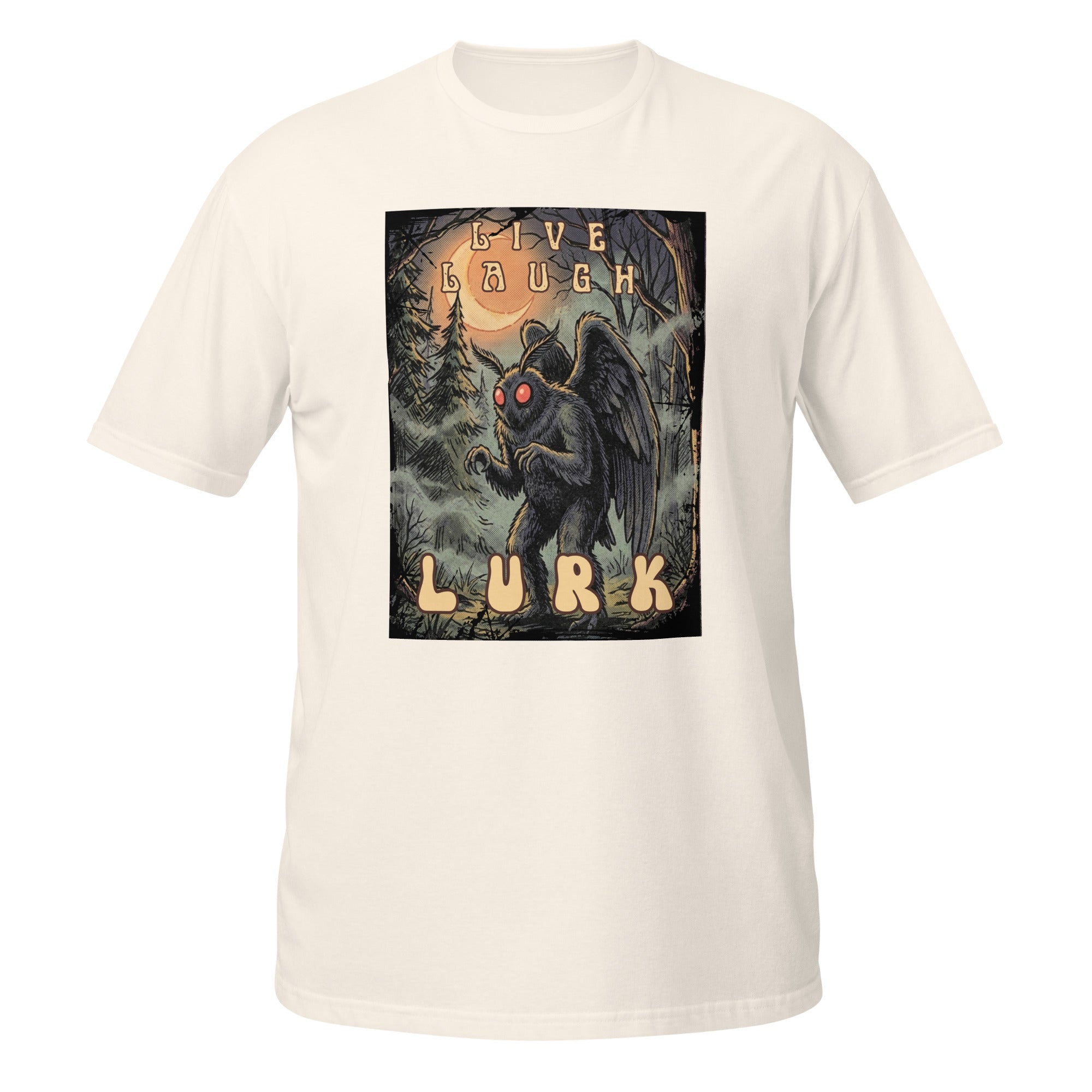 Vintage-inspired Mothman t-shirt with retro 1970s horror vibes, glowing red eyes, and creepy forest artwork. Perfect for cryptid lovers, folklore fans, and spooky season all year long. 🌕👀