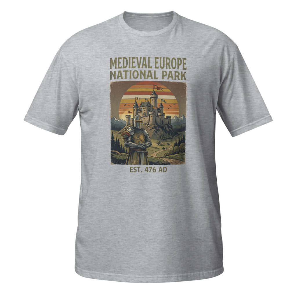 Explore Medieval Europe National Park with this vintage retro history t-shirt featuring a knight and castle design. Perfect for history buffs, medieval enthusiasts, Renaissance fair fans, and castle lovers. ⚔️🏰📜