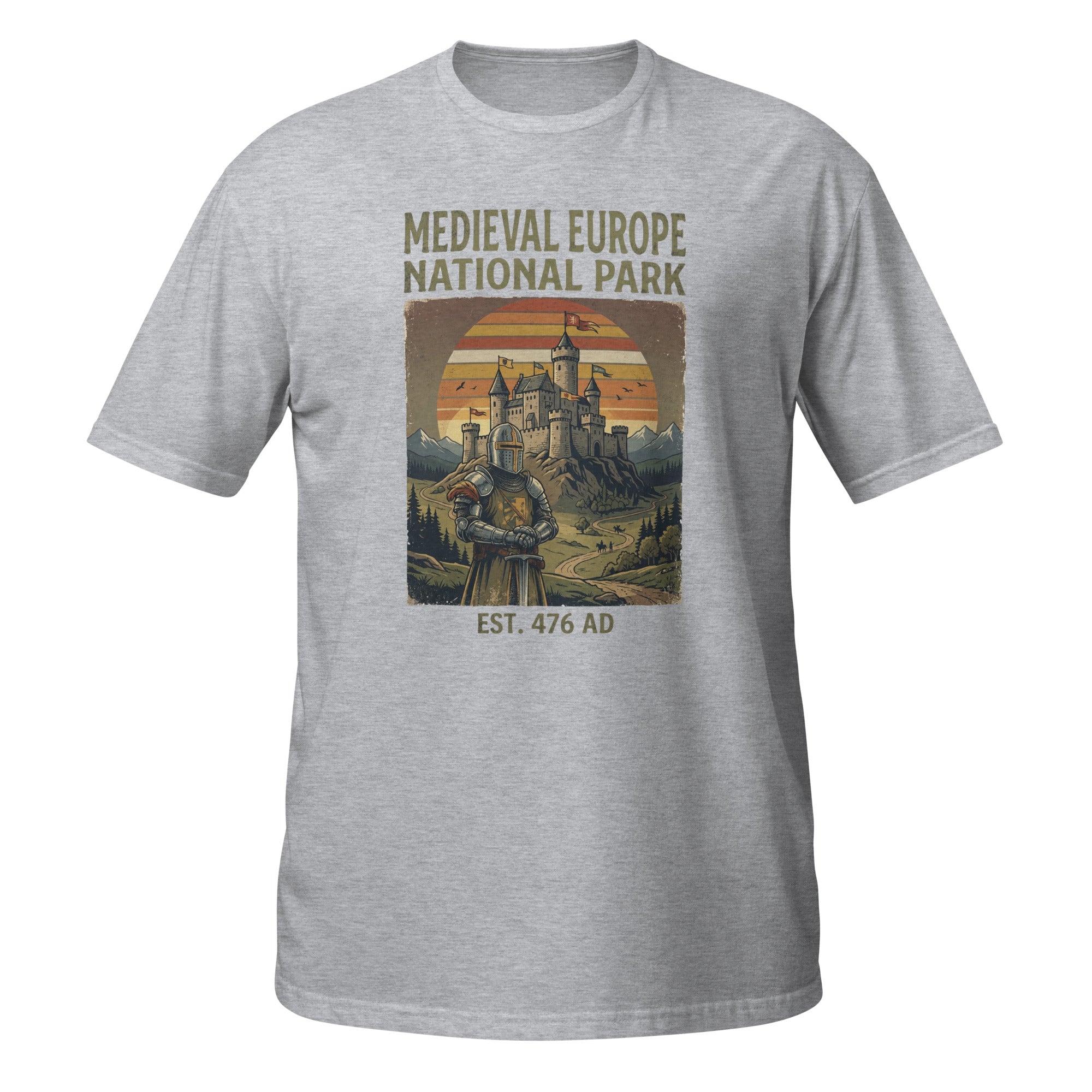 Explore Medieval Europe National Park with this vintage retro history t-shirt featuring a knight and castle design. Perfect for history buffs, medieval enthusiasts, Renaissance fair fans, and castle lovers. ⚔️🏰📜