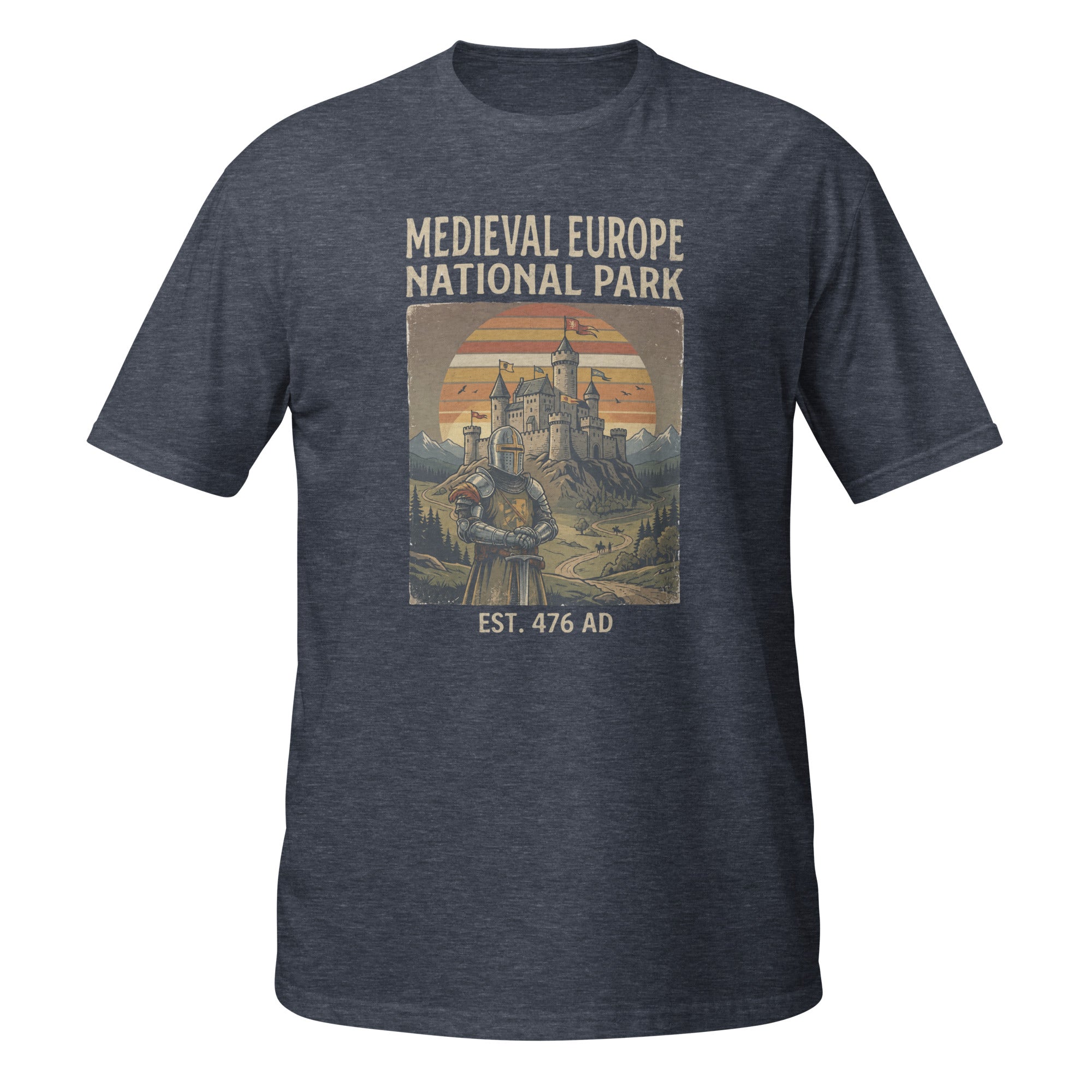 Explore Medieval Europe National Park with this vintage retro history t-shirt featuring a knight and castle design. Perfect for history buffs, medieval enthusiasts, Renaissance fair fans, and castle lovers. ⚔️🏰📜