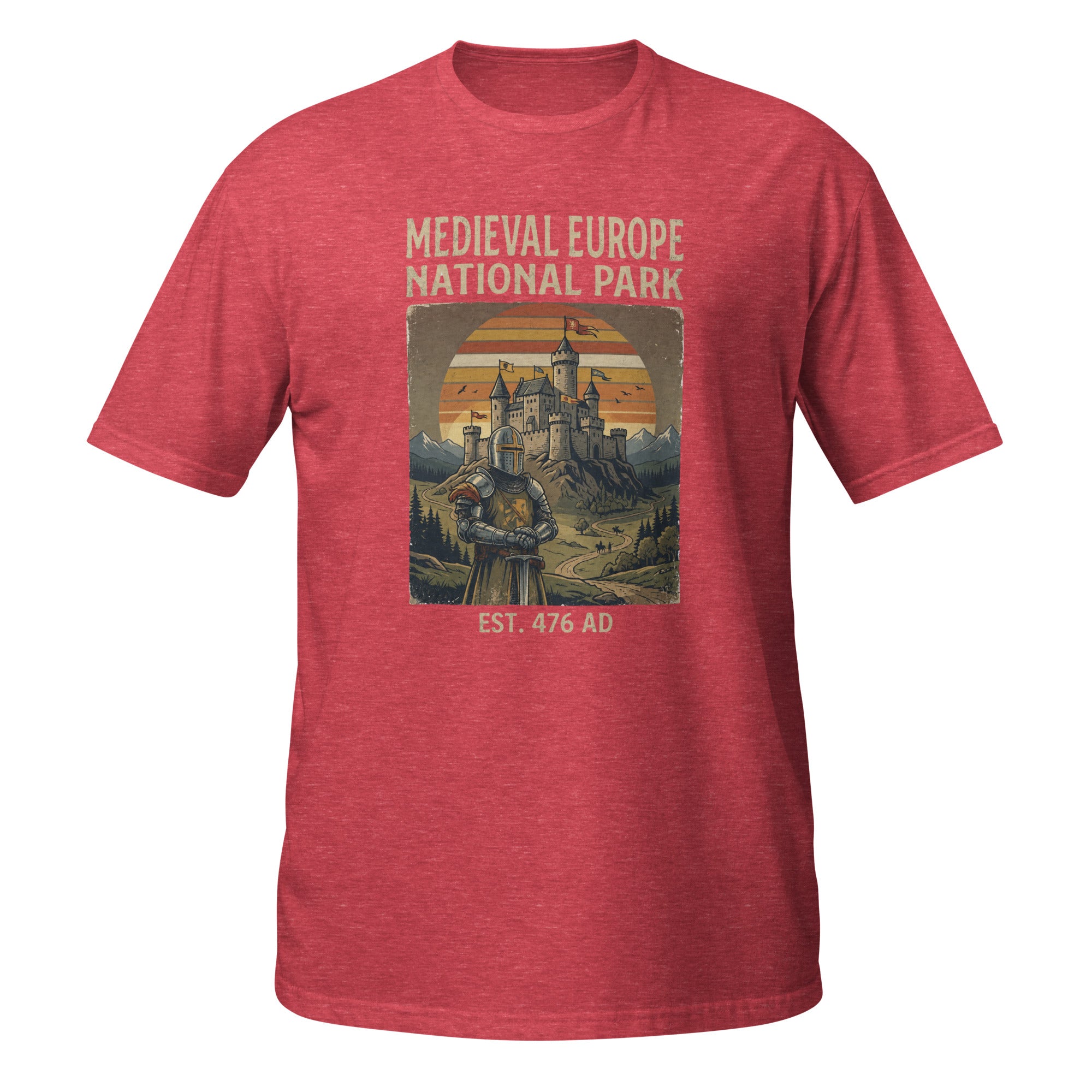 Explore Medieval Europe National Park with this vintage retro history t-shirt featuring a knight and castle design. Perfect for history buffs, medieval enthusiasts, Renaissance fair fans, and castle lovers. ⚔️🏰📜