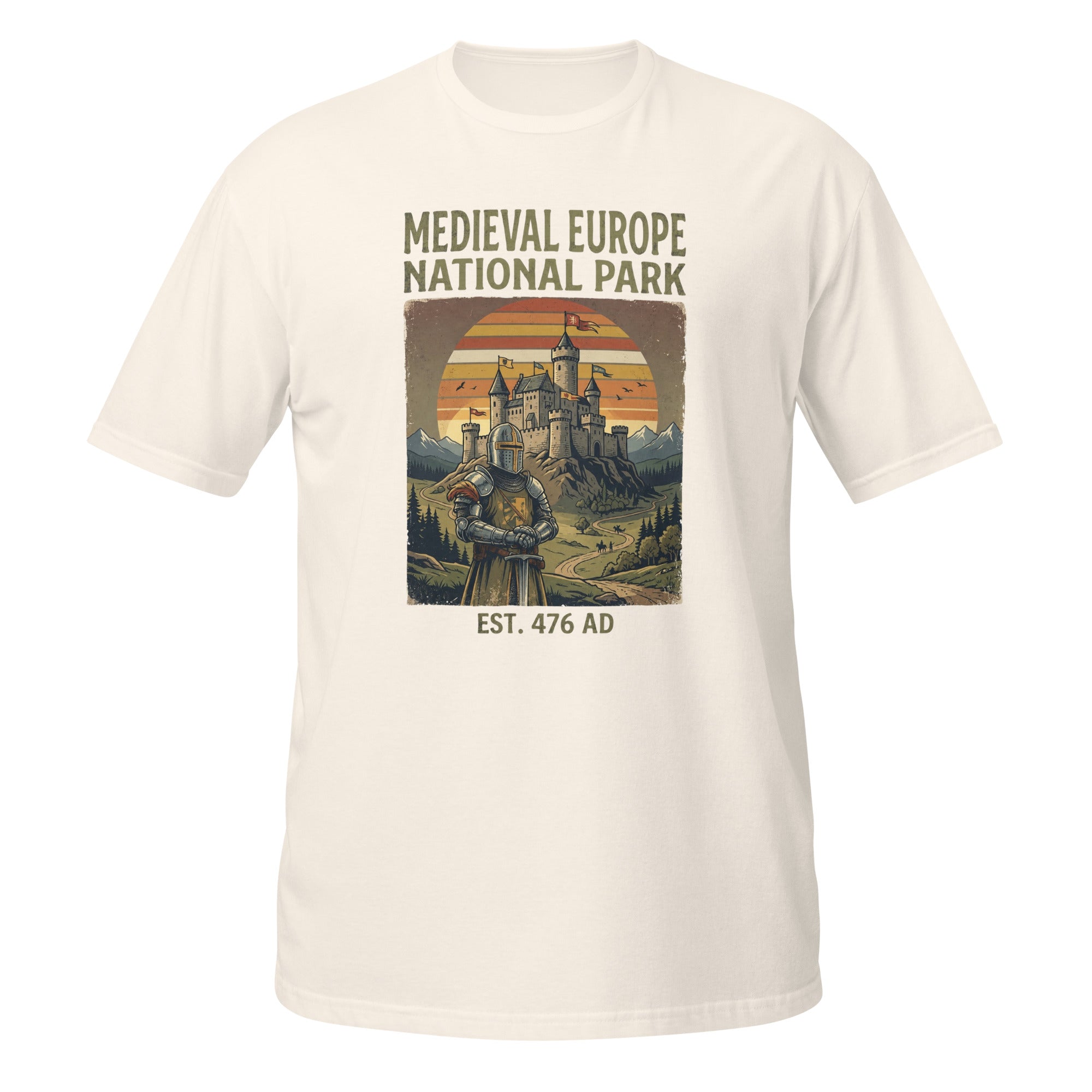 Explore Medieval Europe National Park with this vintage retro history t-shirt featuring a knight and castle design. Perfect for history buffs, medieval enthusiasts, Renaissance fair fans, and castle lovers. ⚔️🏰📜