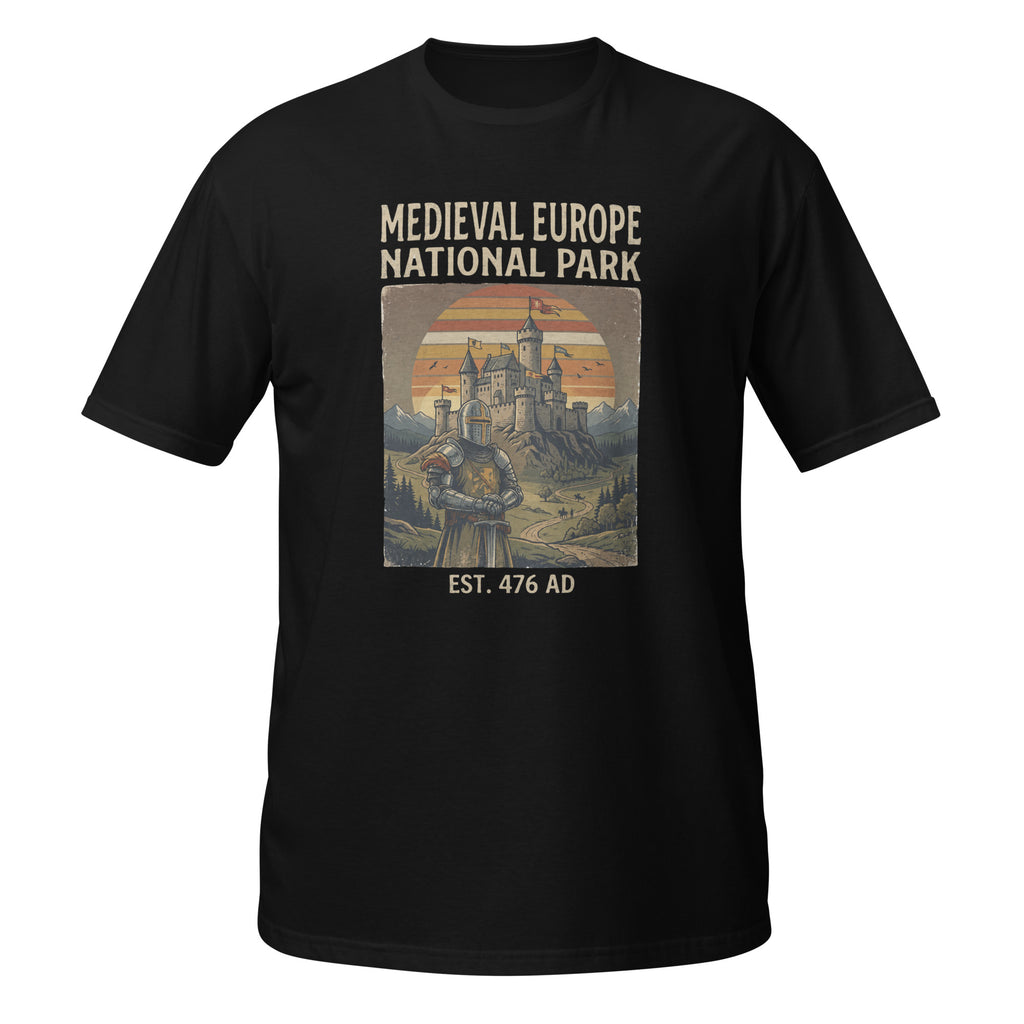 Explore Medieval Europe National Park with this vintage retro history t-shirt featuring a knight and castle design. Perfect for history buffs, medieval enthusiasts, Renaissance fair fans, and castle lovers. ⚔️🏰📜